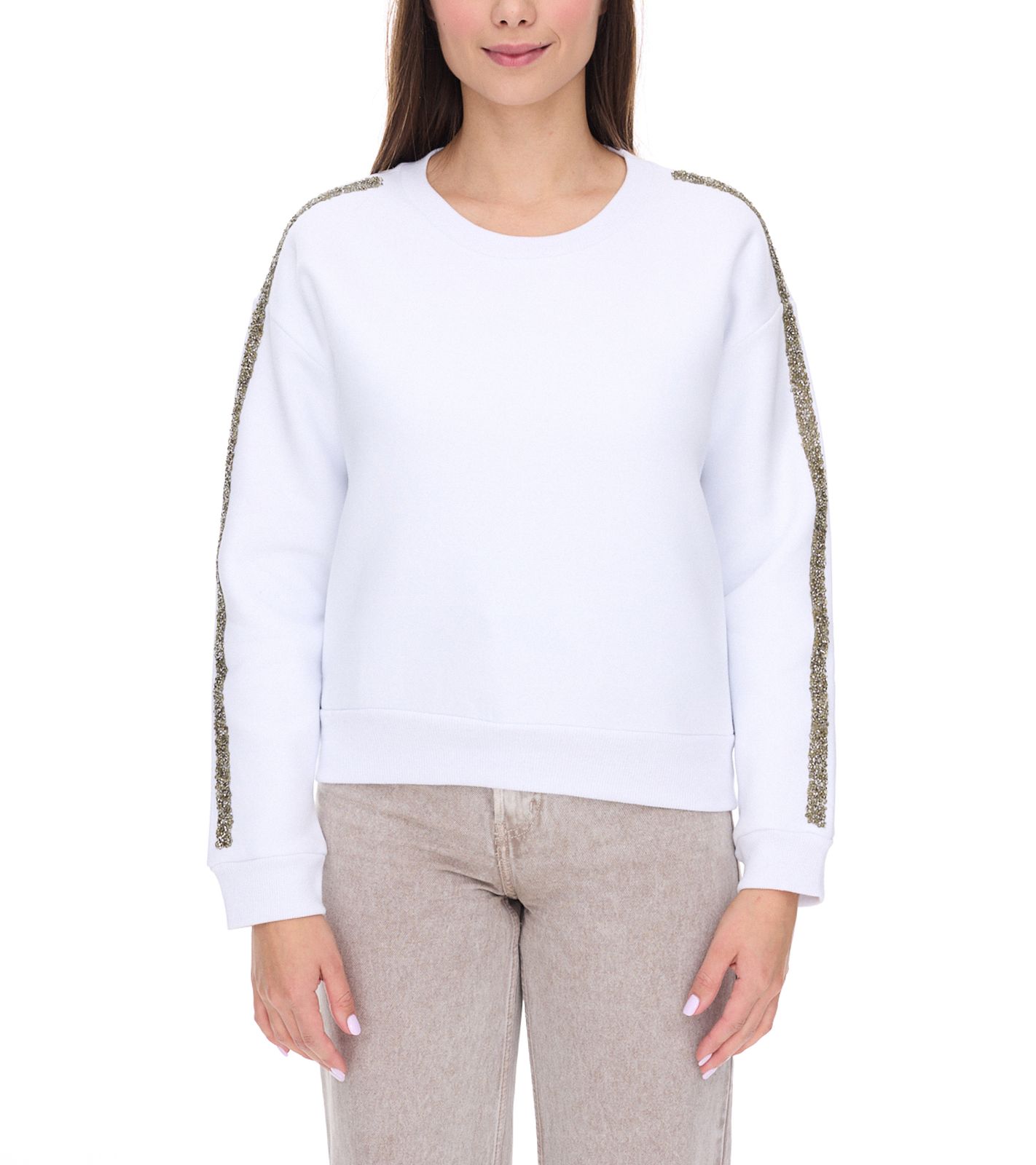 vestino Damen Sweatshirt Baumwoll-Shirt mit Strassband Pullover 900299 Weiß