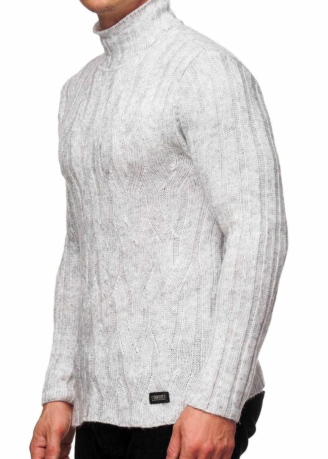 Vielseitiger Herren Grobstrick Stehkragen-Pullover mit eingearbeitetem Muster Woll-Sweater 13353 Grau