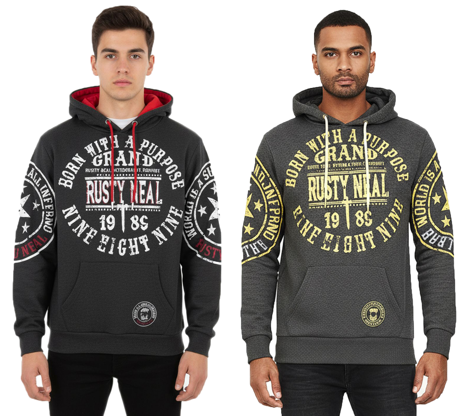 Vielseitiger Kapuzen-Pullover für Herren mit coolen Markenprints Hoodie Sweater 19078 Anthrazit mit Gelb oder Rot