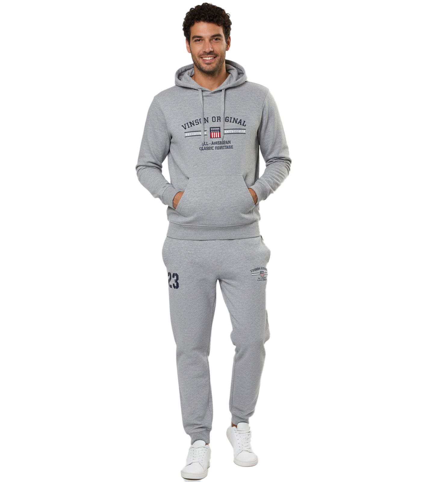 VINSON Herren Hoodie Baumwoll-Pullover mit Logo-Print Kapuzen-Pullover 104634 Grau