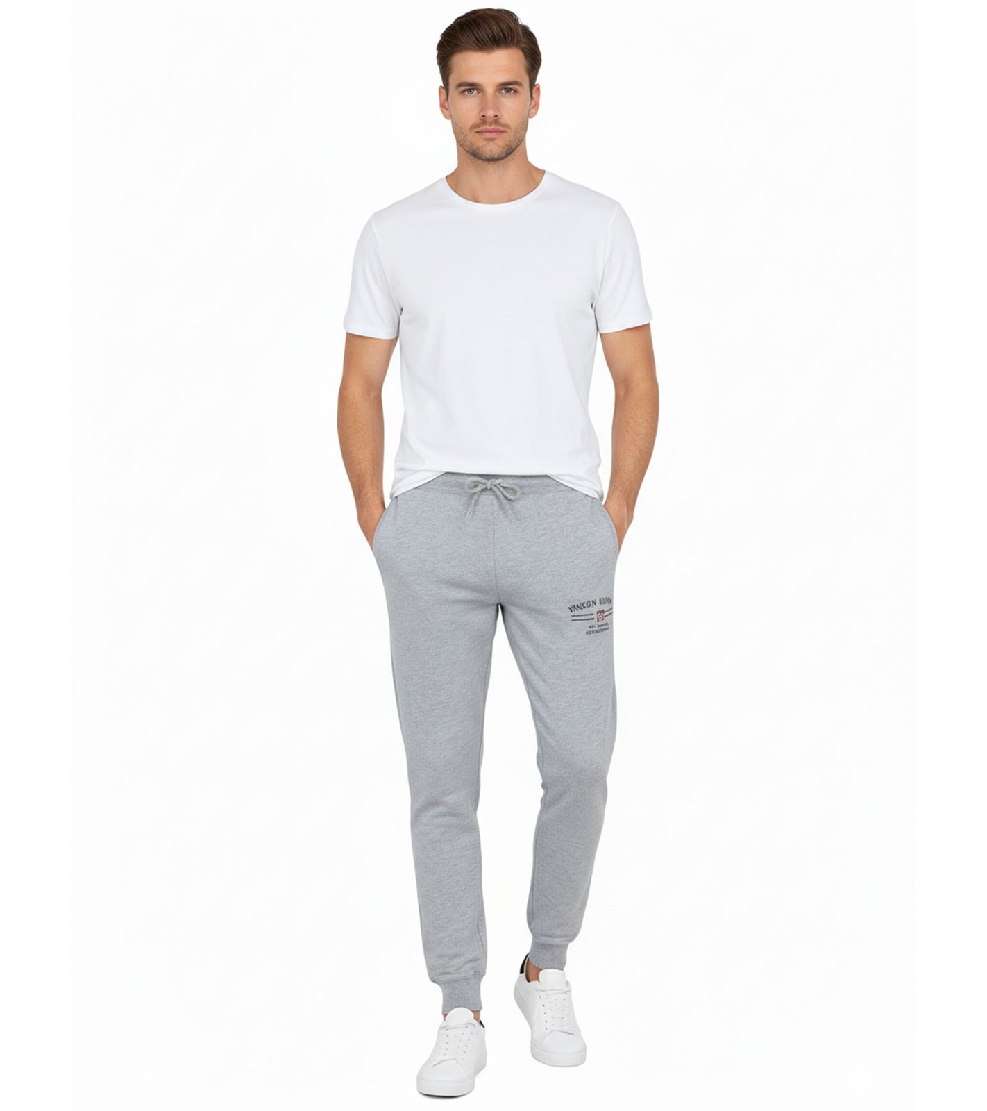VINSON Herren Jogging-Hose Sweat-Hose mit VINSON-Logo Baumwoll-Hose Sweat Pants Grau