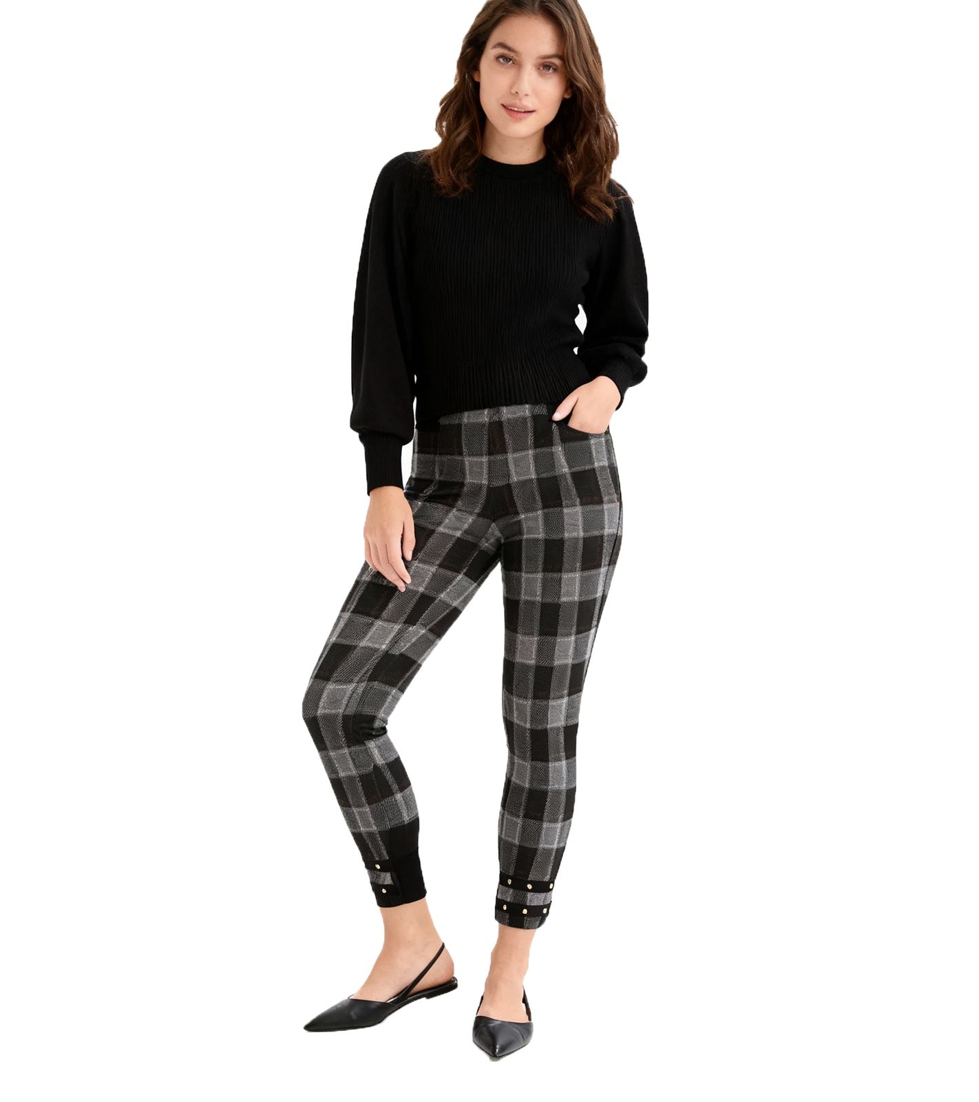 weiche Damen Jeggings karierte Stiefel-Hose mit Nieten Skinny Fit Hose 926776 Grau/Schwarz/Gold/Braun