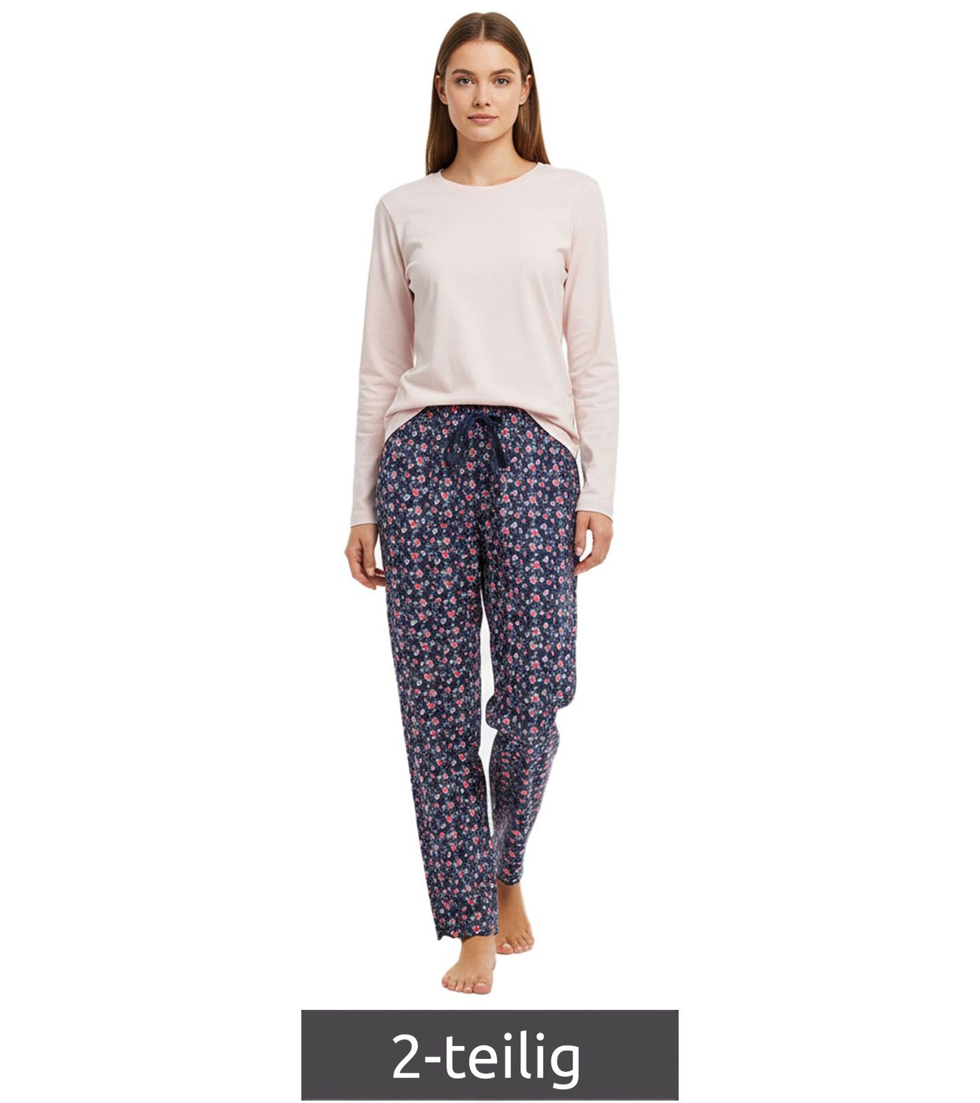 weicher Damen Pyjama 2-teiliger Schlaf-Anzug aus Baumwolle Pyjama-Set bestehend aus Ober- und Unterteil 7706734 Rosa/Blau