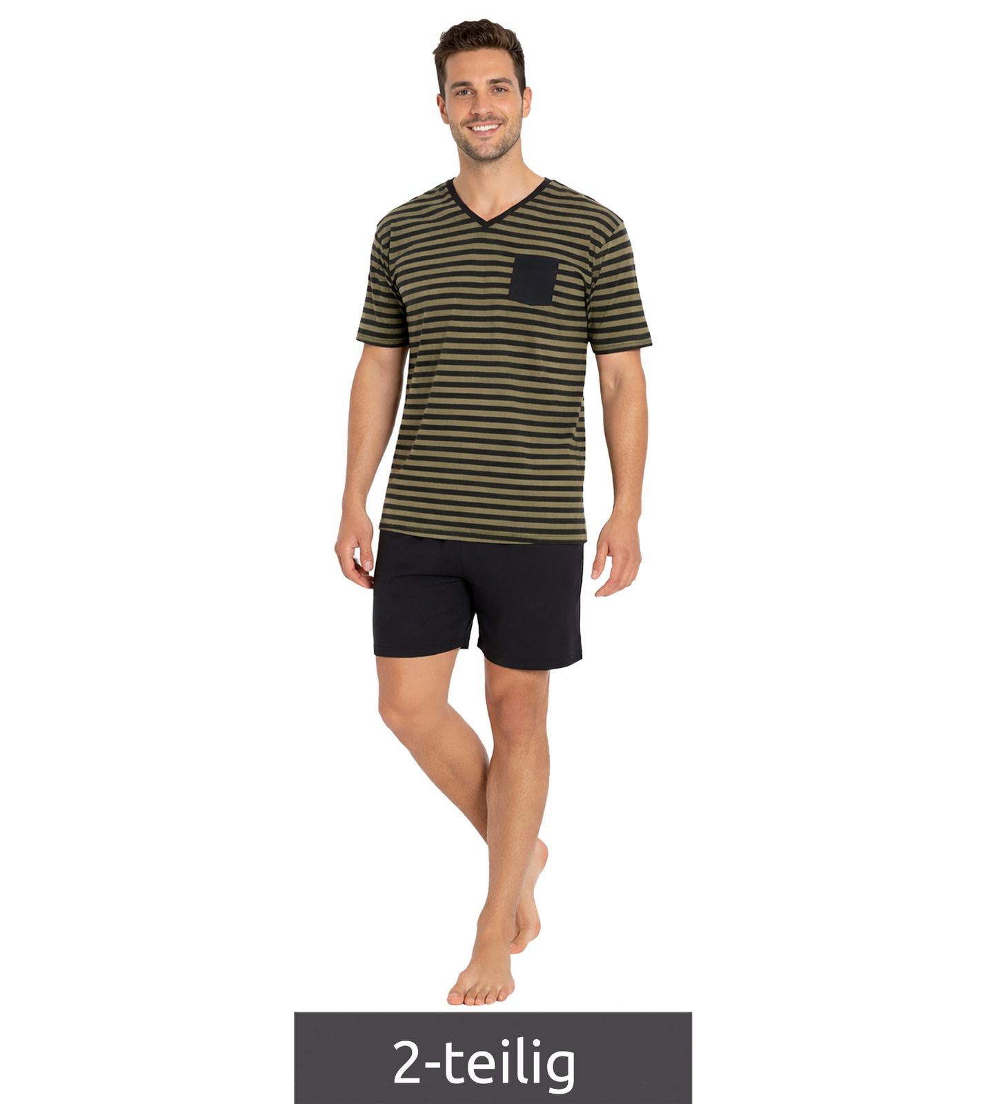 weicher Herren Pyjama 2-teiliger Shorty-Set mit Brusttasche und Streifen kurzer Schlafanzug Baumwoll-Pyjama 957908 Schwarz/Oliv