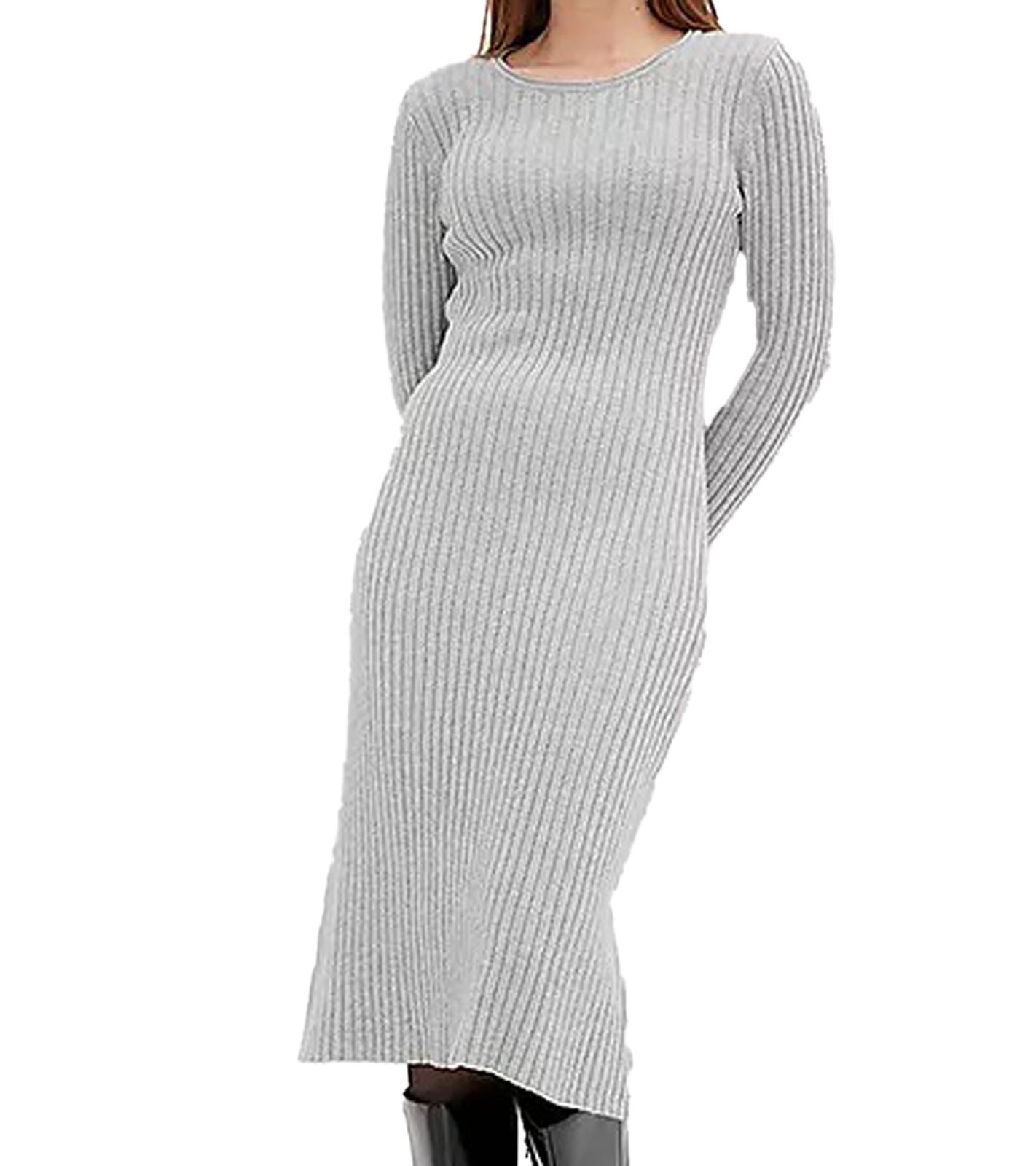 weiches Damen Midi-Kleid Basic-Kleid im Strick-Stil Langarm-Kleid 971307 Grau