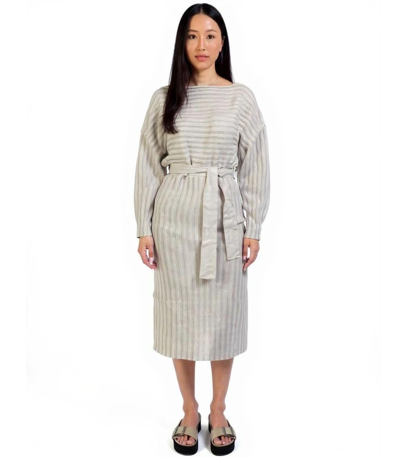 weiches Damen Midi-Kleid Basic-Kleid im Strick-Stil mit Bindeband Langarm-Kleid 929118 Beige