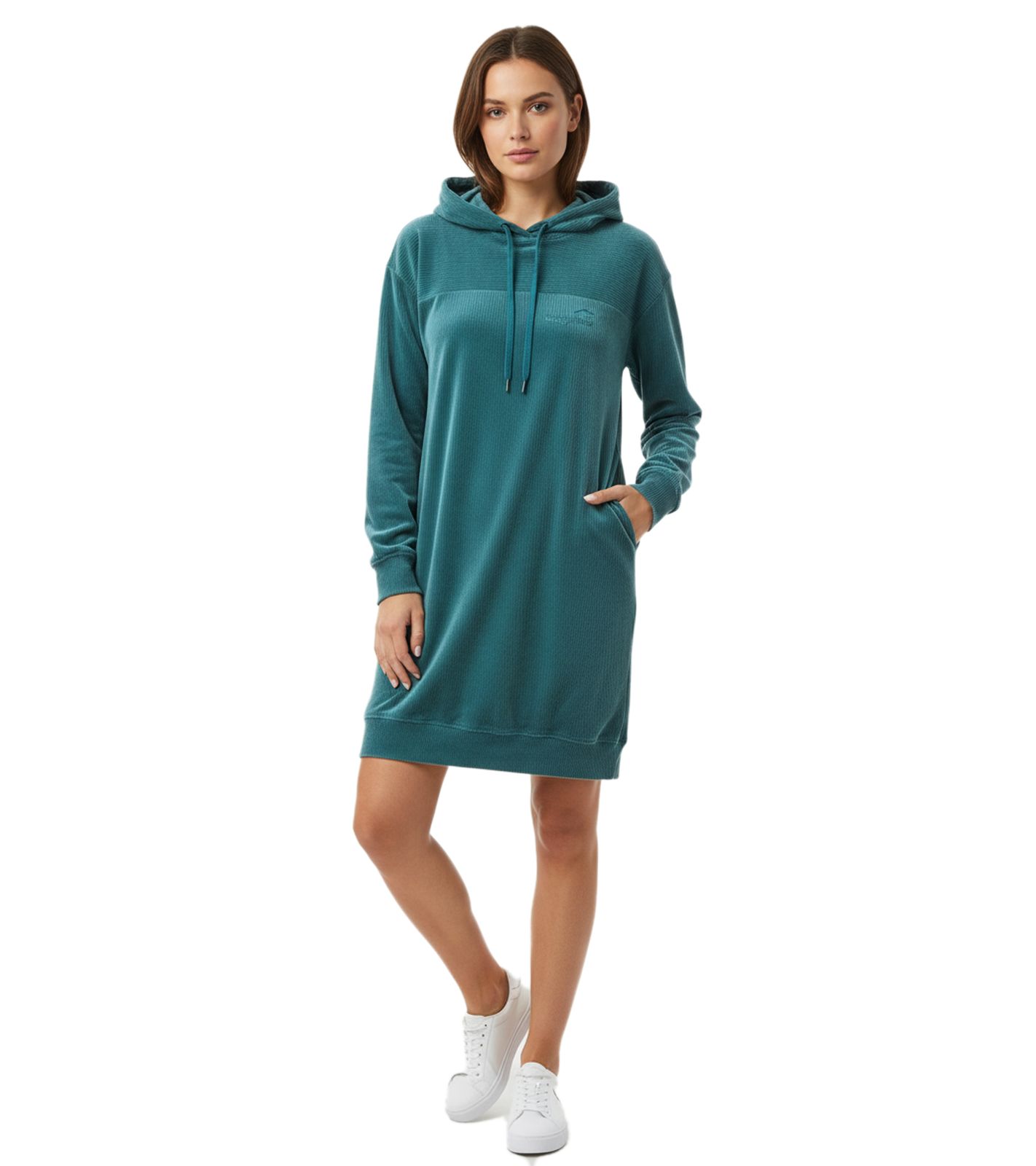 weiches KangaROOS Damen Samt-Kleid bequemes Haus-Kleid mit Kapuze Langarm-Kleid Petrolgrün