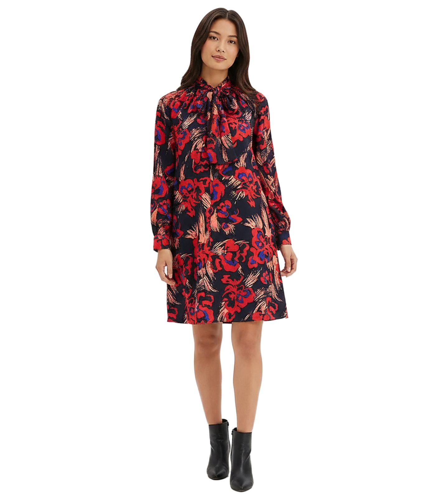 weites Damen Mini-Kleid mit Blumen-Muster und Schluppe Chiffon-Kleid 937133 Blau/Rot/Bunt