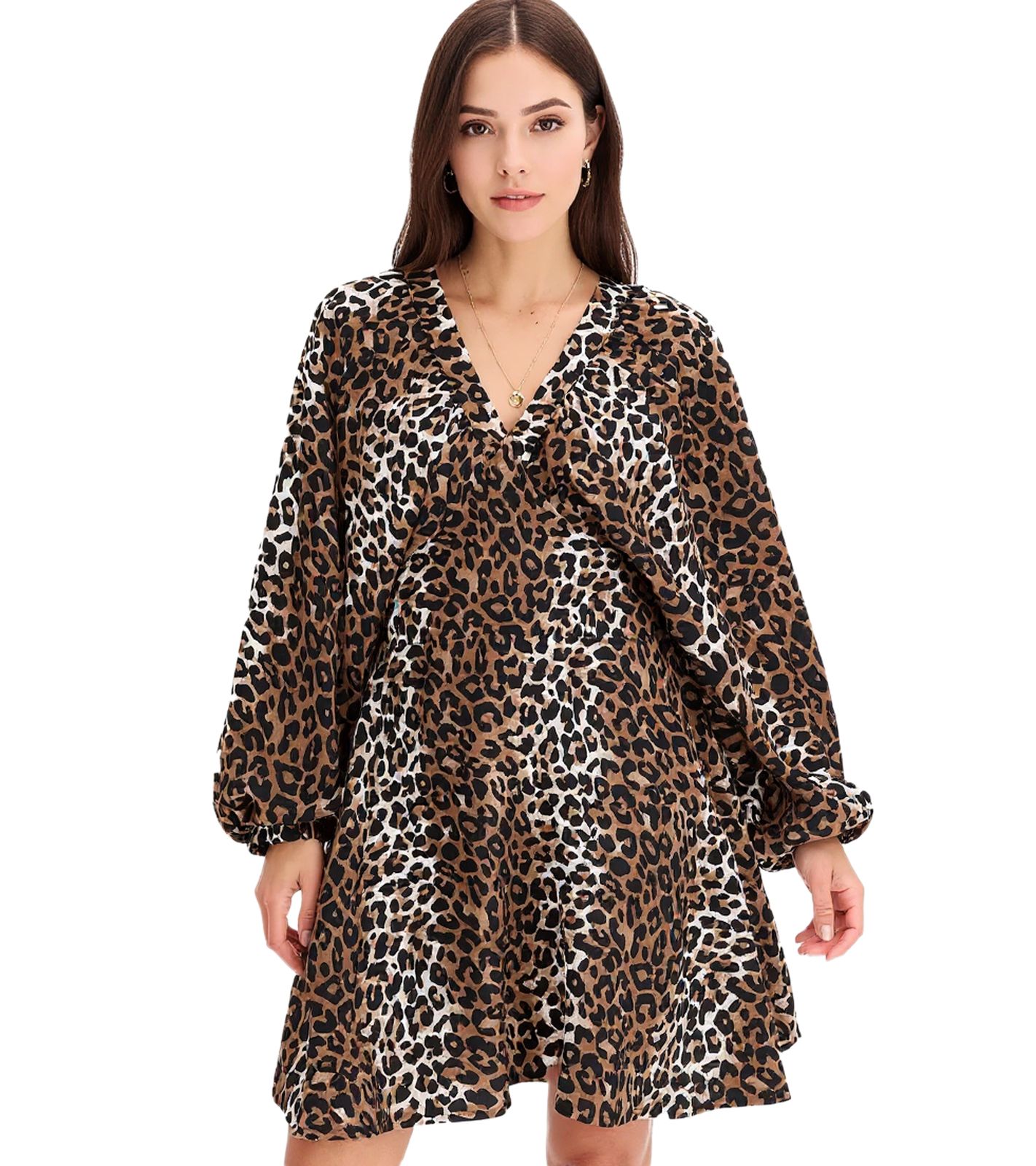 wildes Damen Sommer-Kleid Animalprint-Kleid mit Ballonärmeln kurzes Mini-Kleid 973887 Braun