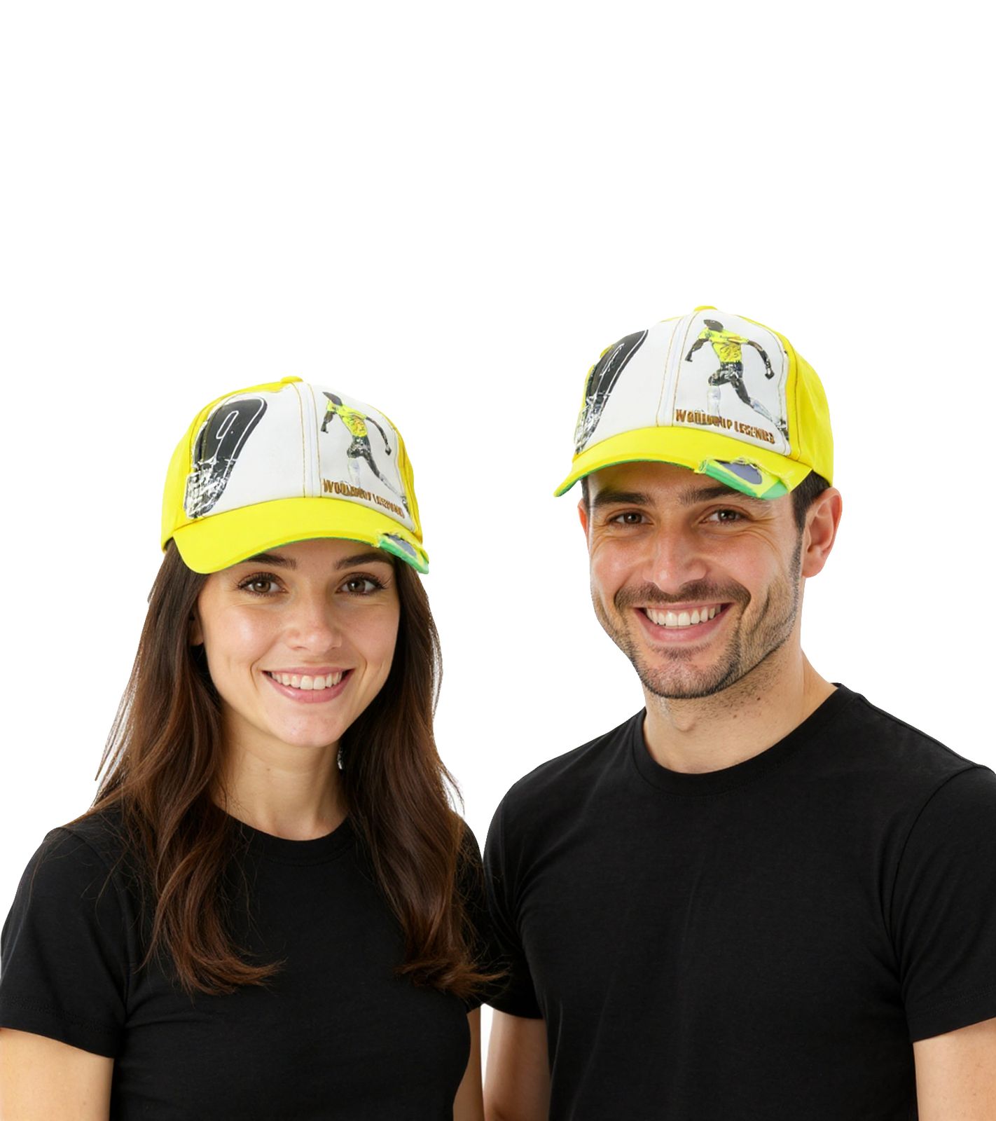 WORLDCUP LEGENDS Unisex Baseball-Cap im Brasilien-Design Baumwoll-Cap mit Fußballspieler-Print Curved-Brim-Cap mit No.9-Print Damaged-Look TC123027WCL Gelb/Bunt