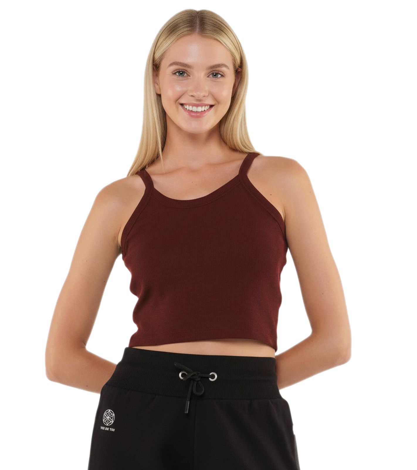 YOU DO YOU Damen Crop-Top geripptes Fitness-Top Baumwoll-Shirt Tanktop Yoga-Mode 905101 Mahagoni-Braun