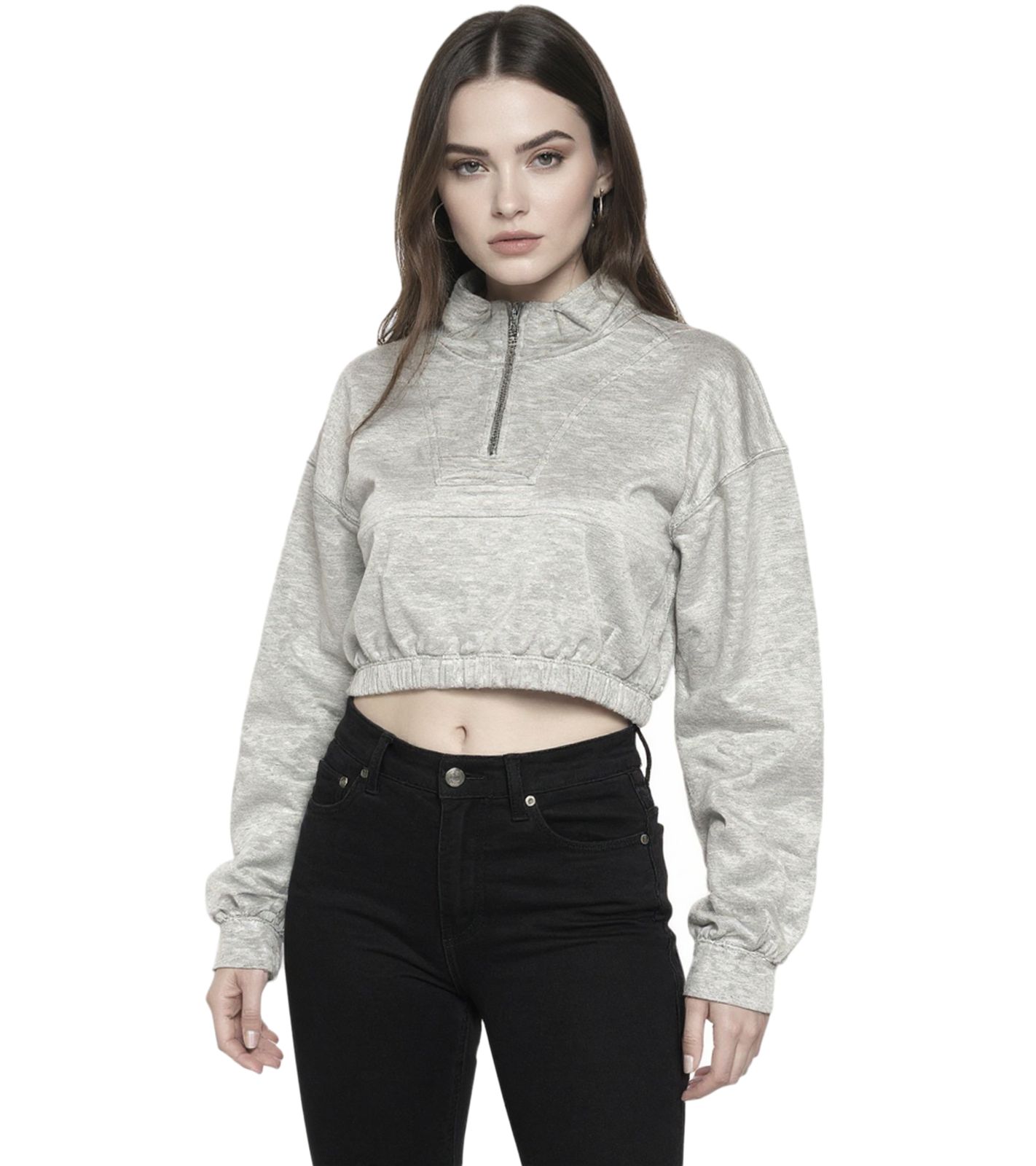 ZEGY Damen Crop-Pullover Half Zip Langarm-Shirt Baumwoll-Pulli Cropped 1073 Grau