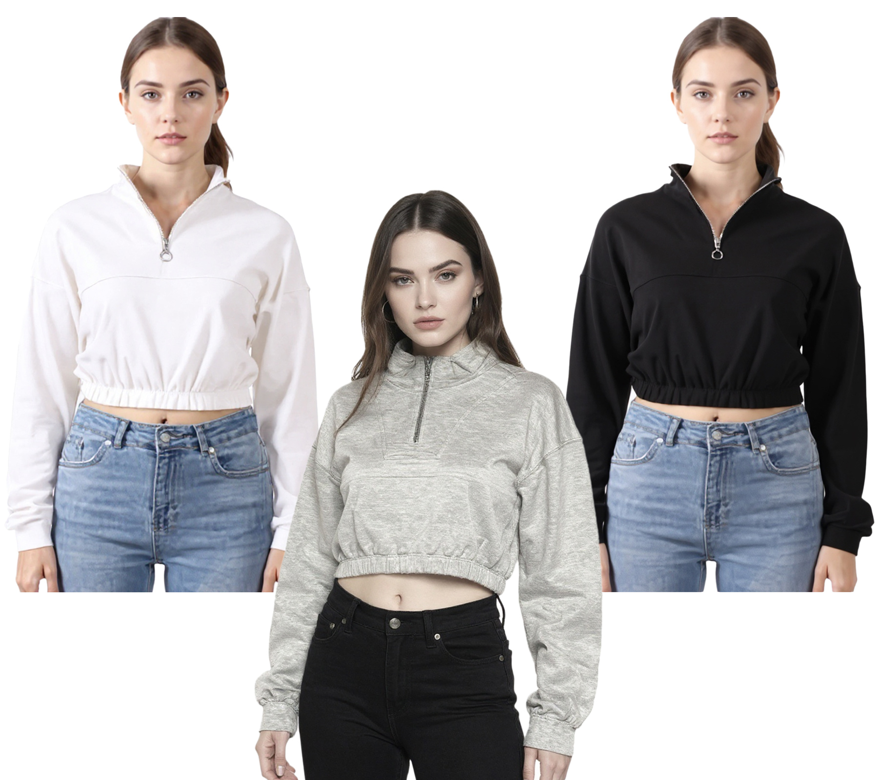 ZEGY Damen Crop-Pullover Half Zip Langarm-Shirt Baumwoll-Pulli Cropped 1073 in Weiß, Schwarz oder Silber