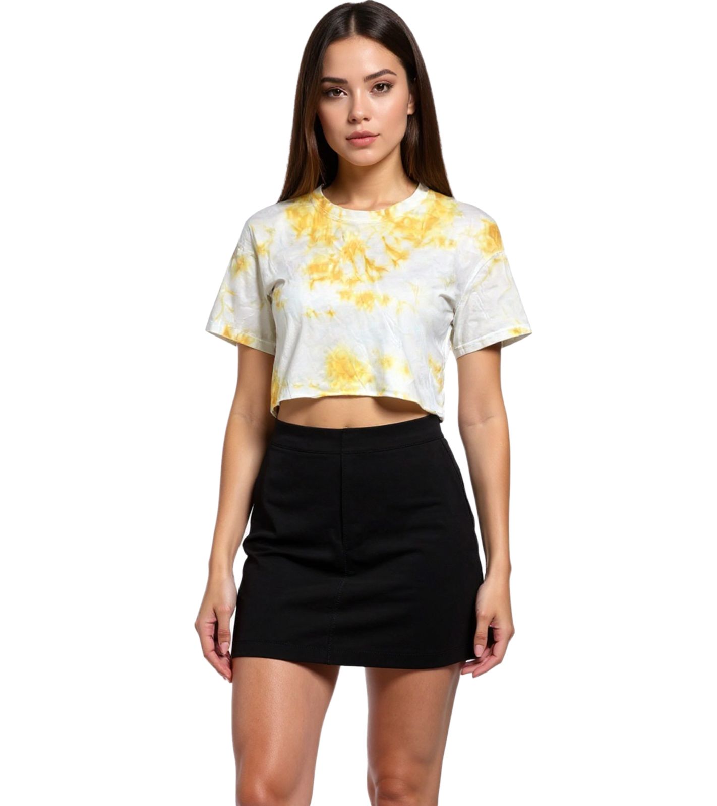 ZEGY Damen Crop-Top im Batik-Look Baumwoll-Shirt T-Shirt 1075 Gelb/Weiß