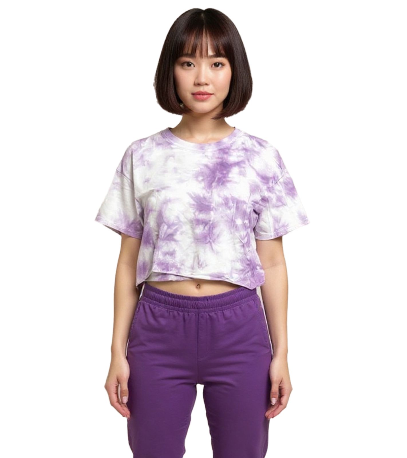 ZEGY Damen Crop-Top im Batik-Look Baumwoll-Shirt T-Shirt 1075 Lila/Weiß