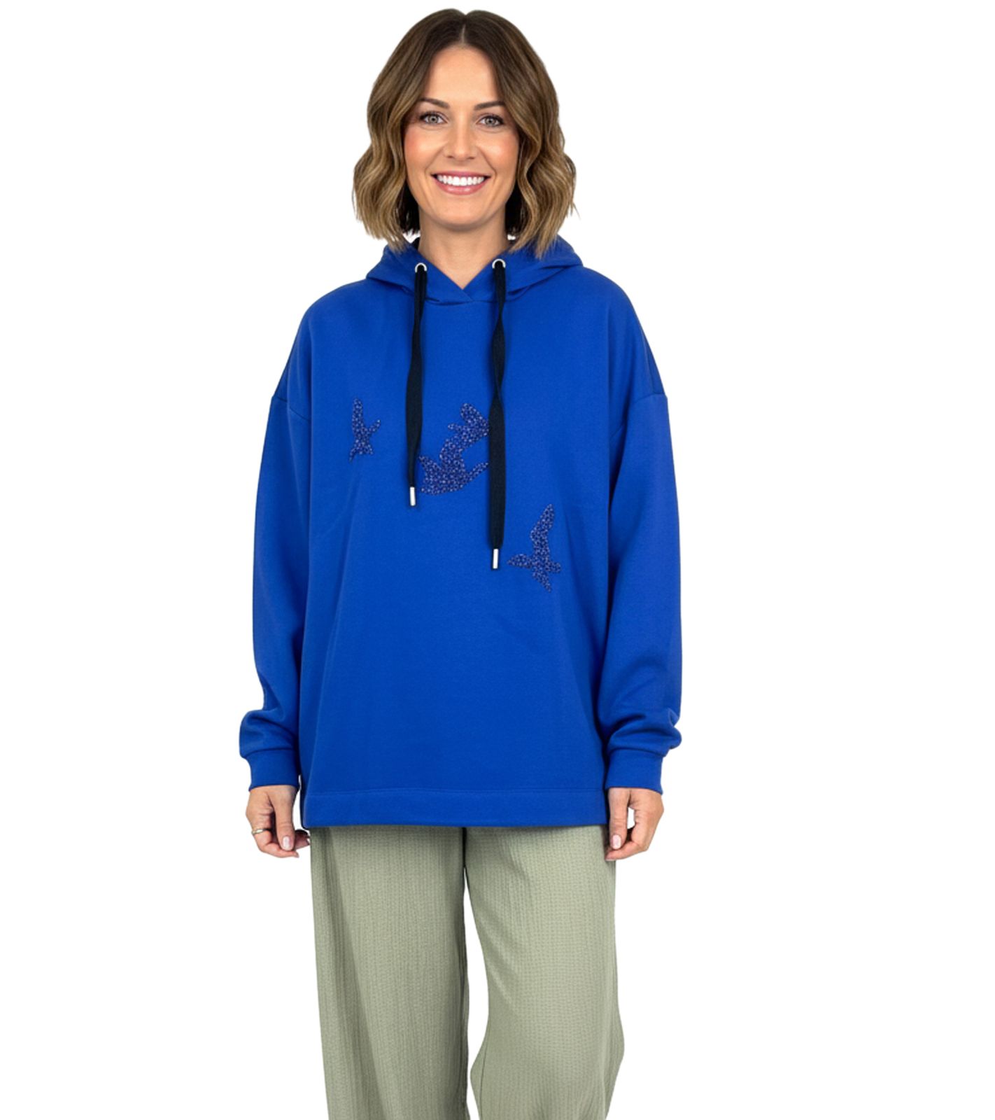 ZEGY Damen Hoodie Kapuzen-Pullover mit Vögel-Verzierungen Baumwoll-Pullover Sweater 1074 Blau