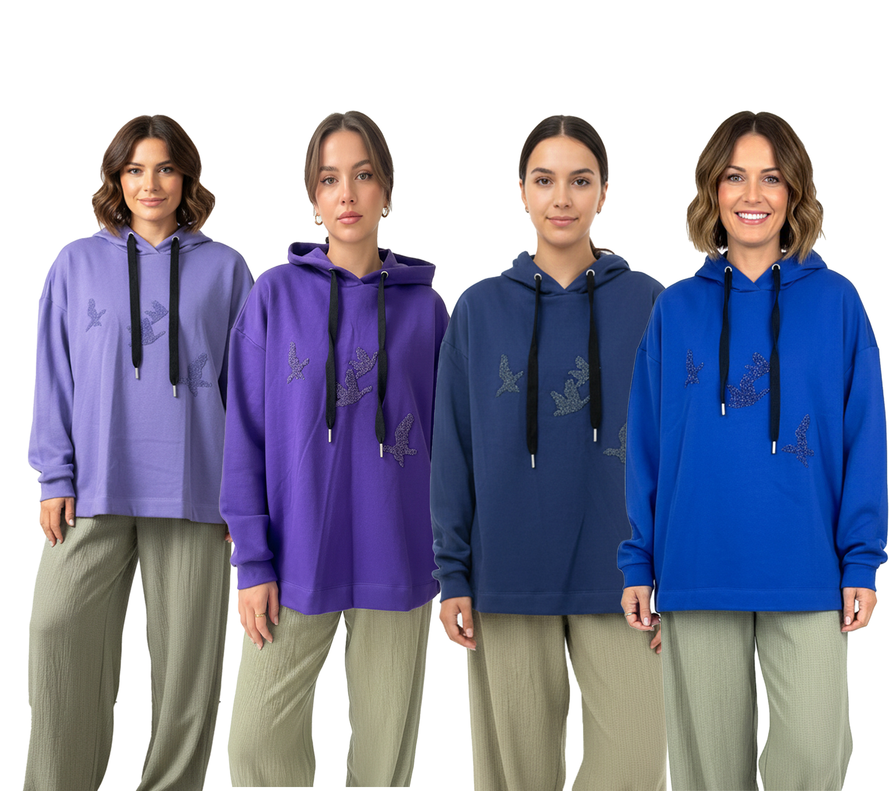 ZEGY Damen Hoodie Kapuzen-Pullover mit Vögel-Verzierungen Baumwoll-Pullover Sweater 1074 in Blau, Navy, Lila, Helllila