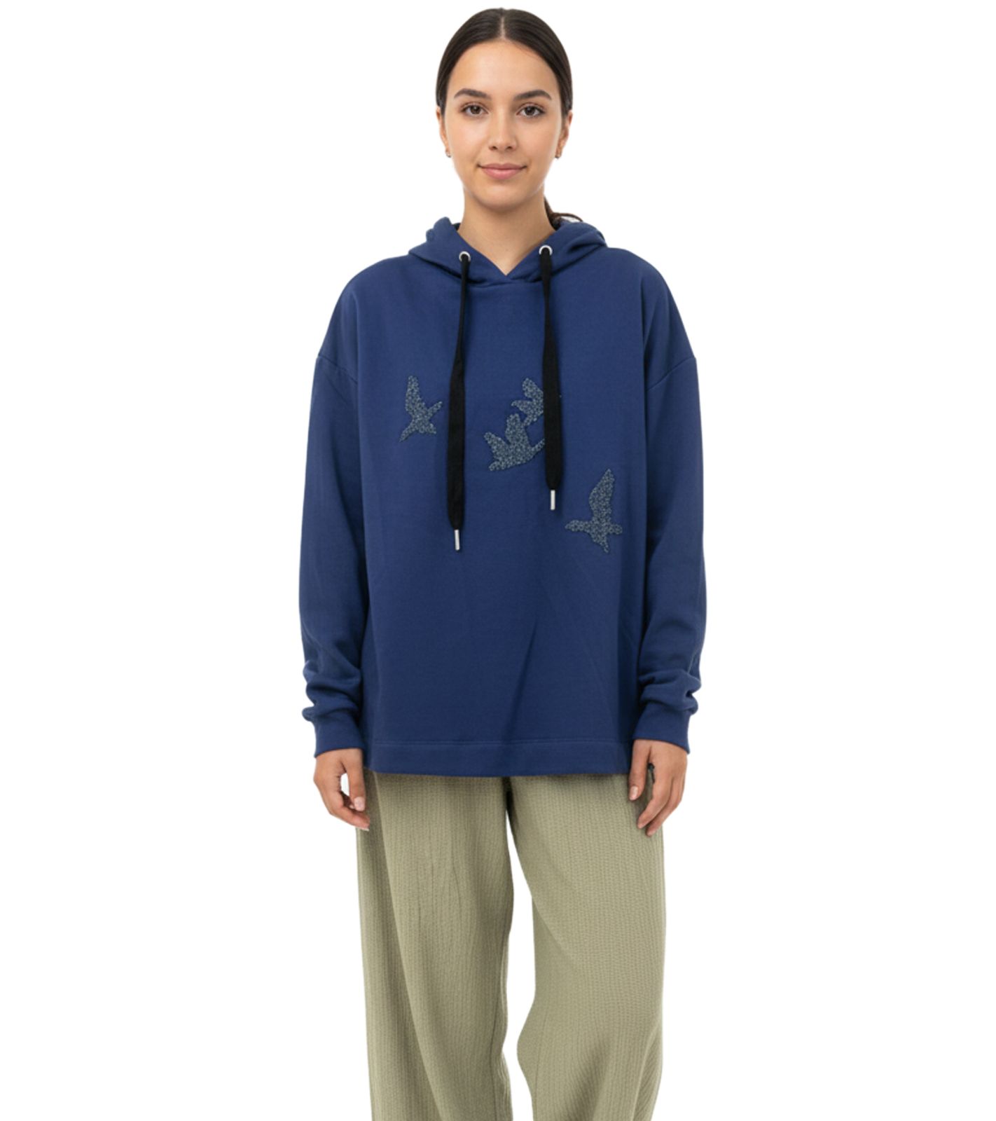 ZEGY Damen Hoodie Kapuzen-Pullover mit Vögel-Verzierungen Baumwoll-Pullover Sweater 1074 Navy