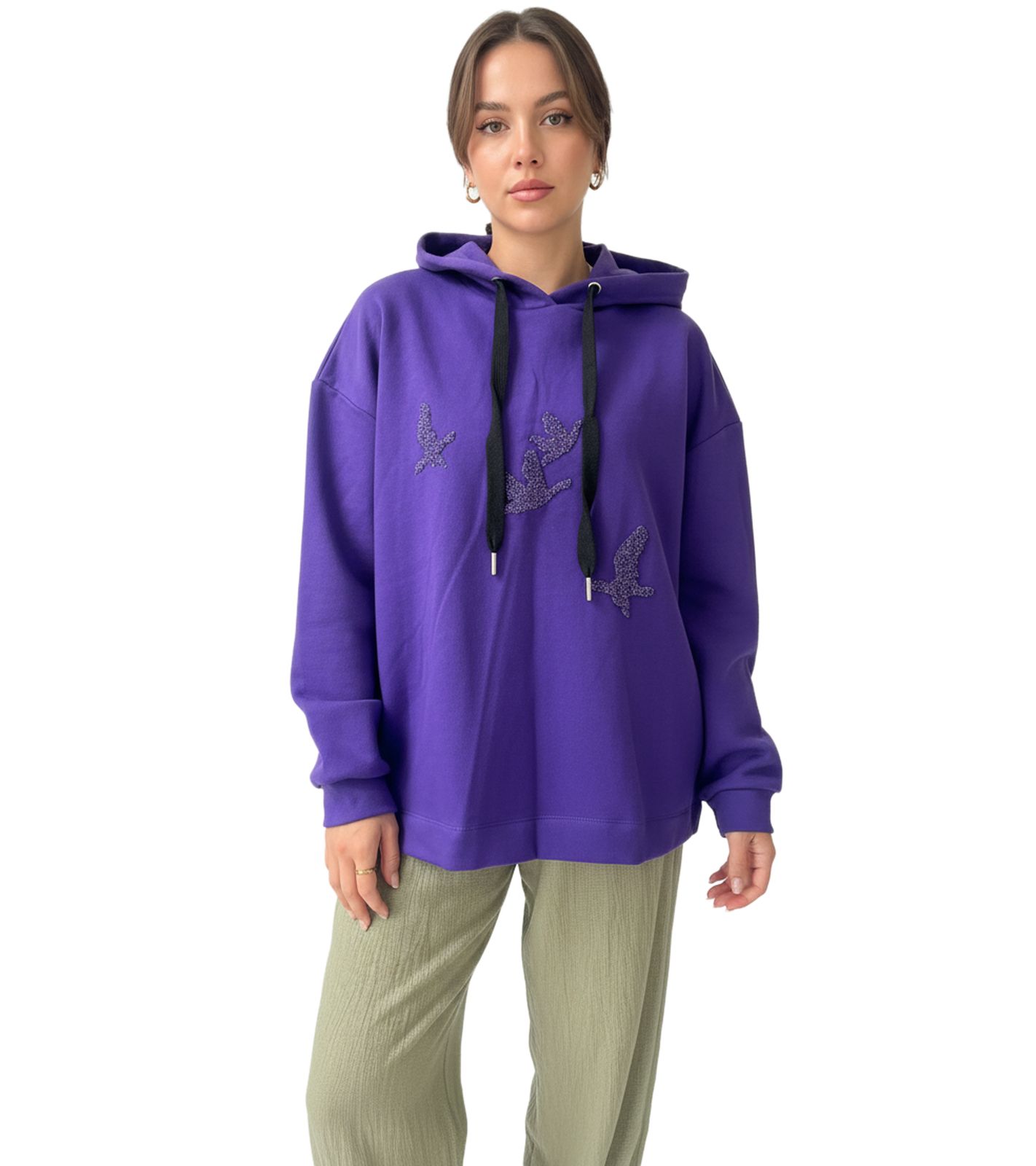 ZEGY Damen Hoodie Kapuzen-Pullover mit Vögel-Verzierungen Baumwoll-Pullover Sweater 1074 Violett