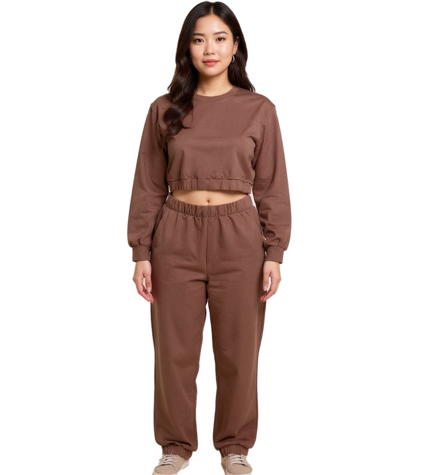 ZEGY Damen Jogging-Anzug Sweat-Jogger Crop-Pullover Baumwoll-Set 1072 Braun