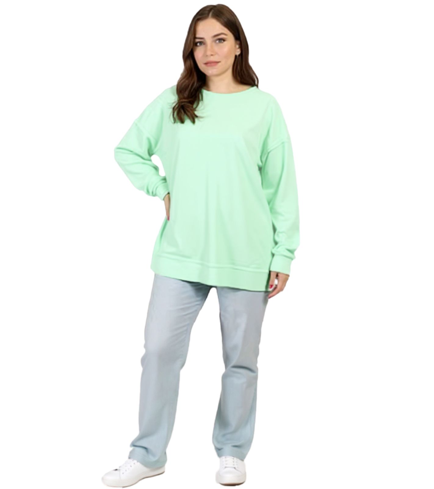 ZEGY Damen Sweatshirt schlichter Baumwoll-Pullover Rundhals-Pulli Sweater 1070 Mint-Grün