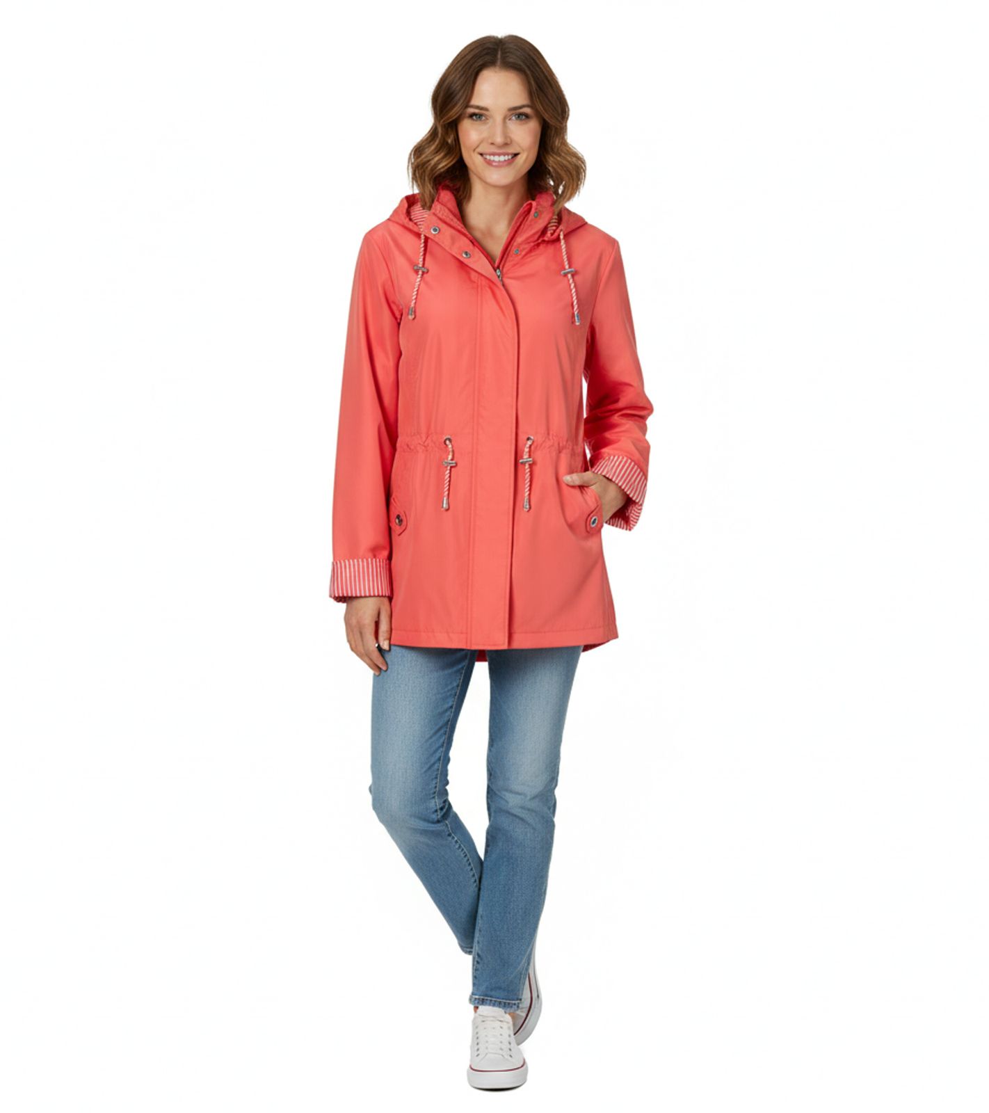 zeitlose Wedolina Linda Damen Übergangs-Jacke Kurz-Mantel mit abnehmbarer Kapuze sportliche Frühlings-Jacke 12210824 Pfirsich-Orange