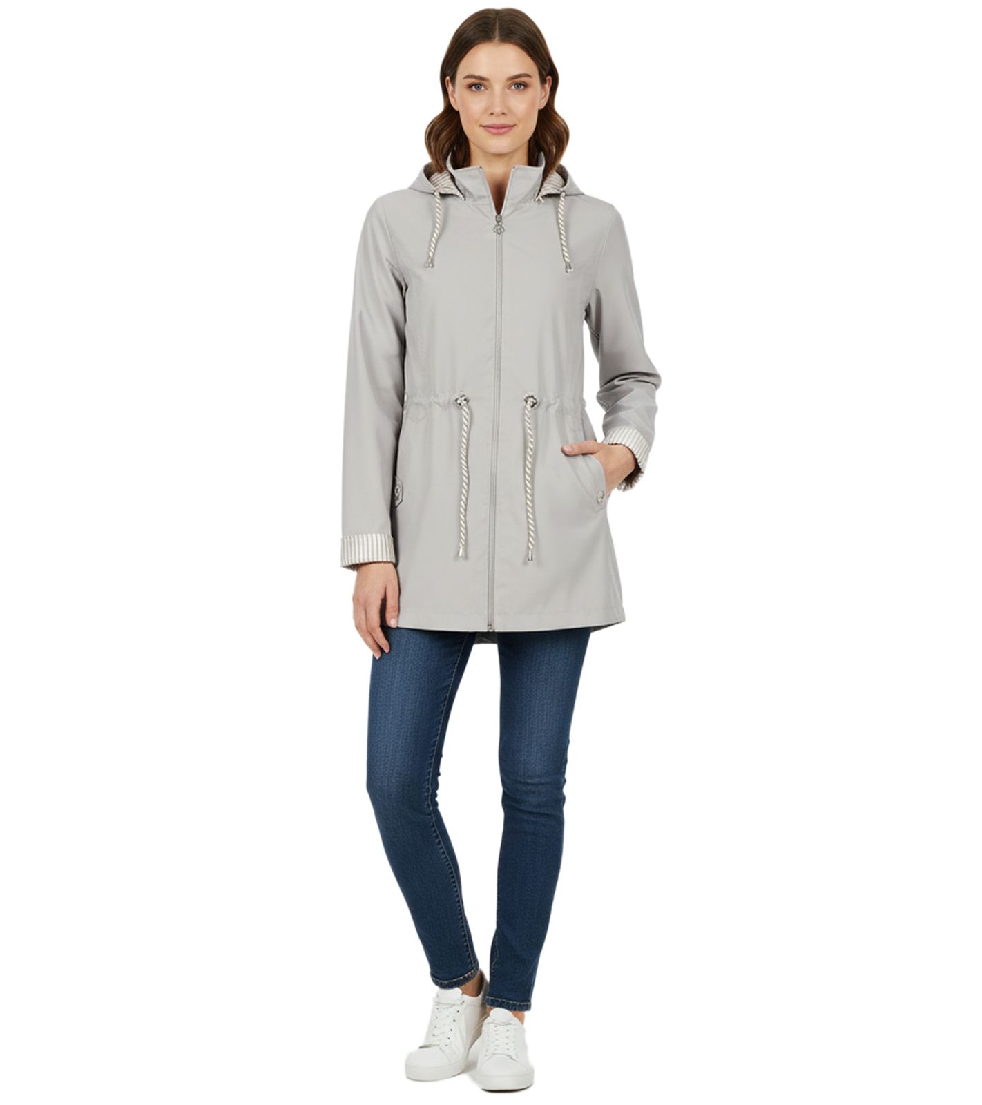zeitlose Wedolina Linda Damen Übergangs-Jacke Kurz-Mantel mit abnehmbarer Kapuze sportliche Frühlings-Jacke 6556620 Grau