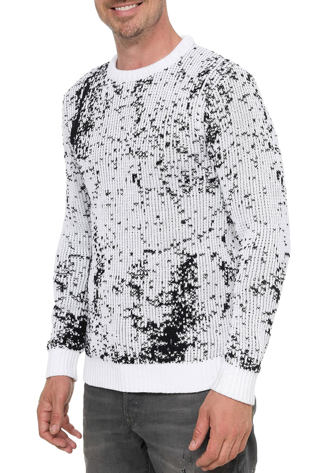Zeitloser Herren Rundhals-Pullover im Zweifarben-Design Feinstrick-Sweater 13433 Weiß