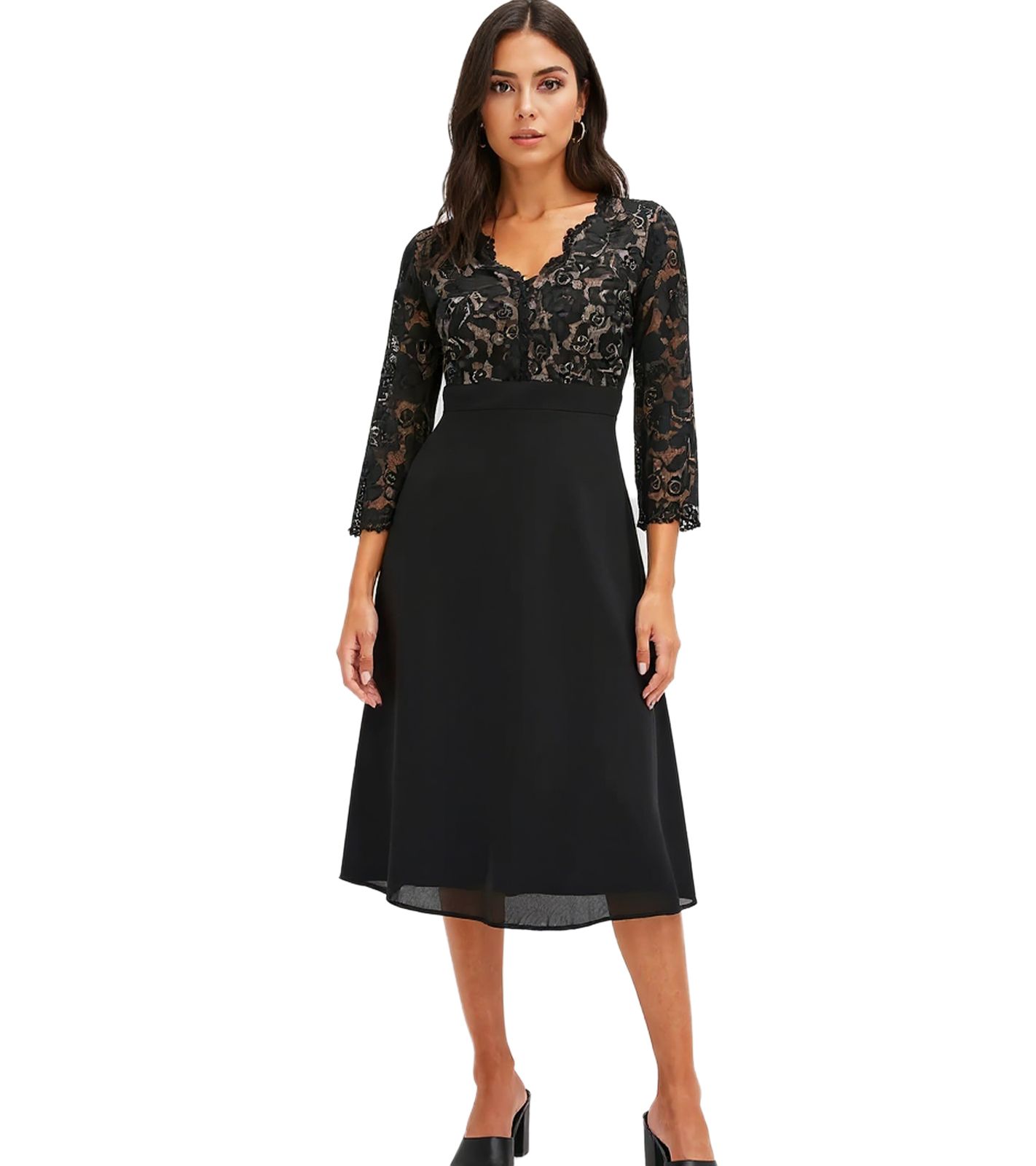 zeitloses Damen Abend-Kleid Chiffon-Kleid mit 3/4-Ärmeln Midi-Kleid 949200 Schwarz