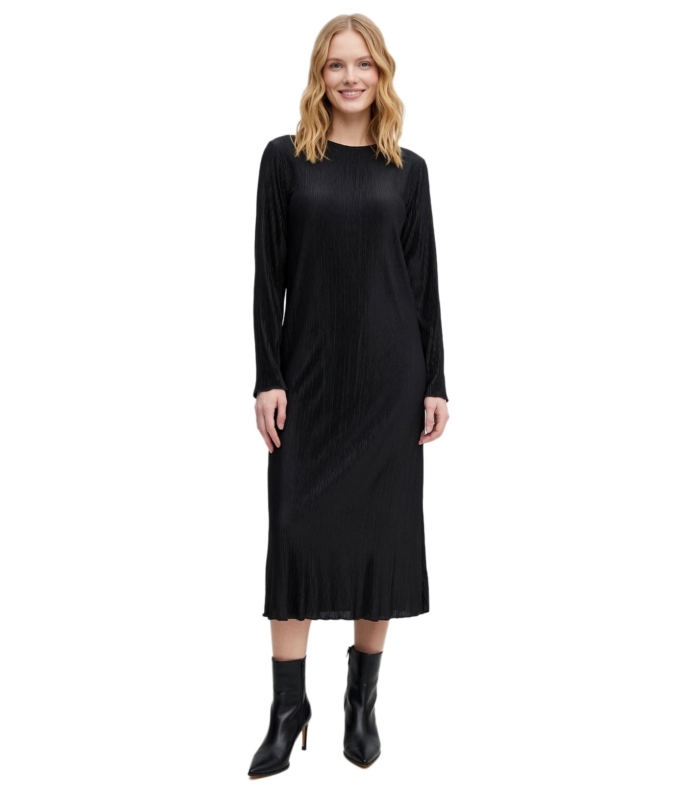zeitloses Damen Midi-Kleid langärmliges Kleid mit Crinkle-Effekt Etui Kleid Business-Kleid 932812 Schwarz