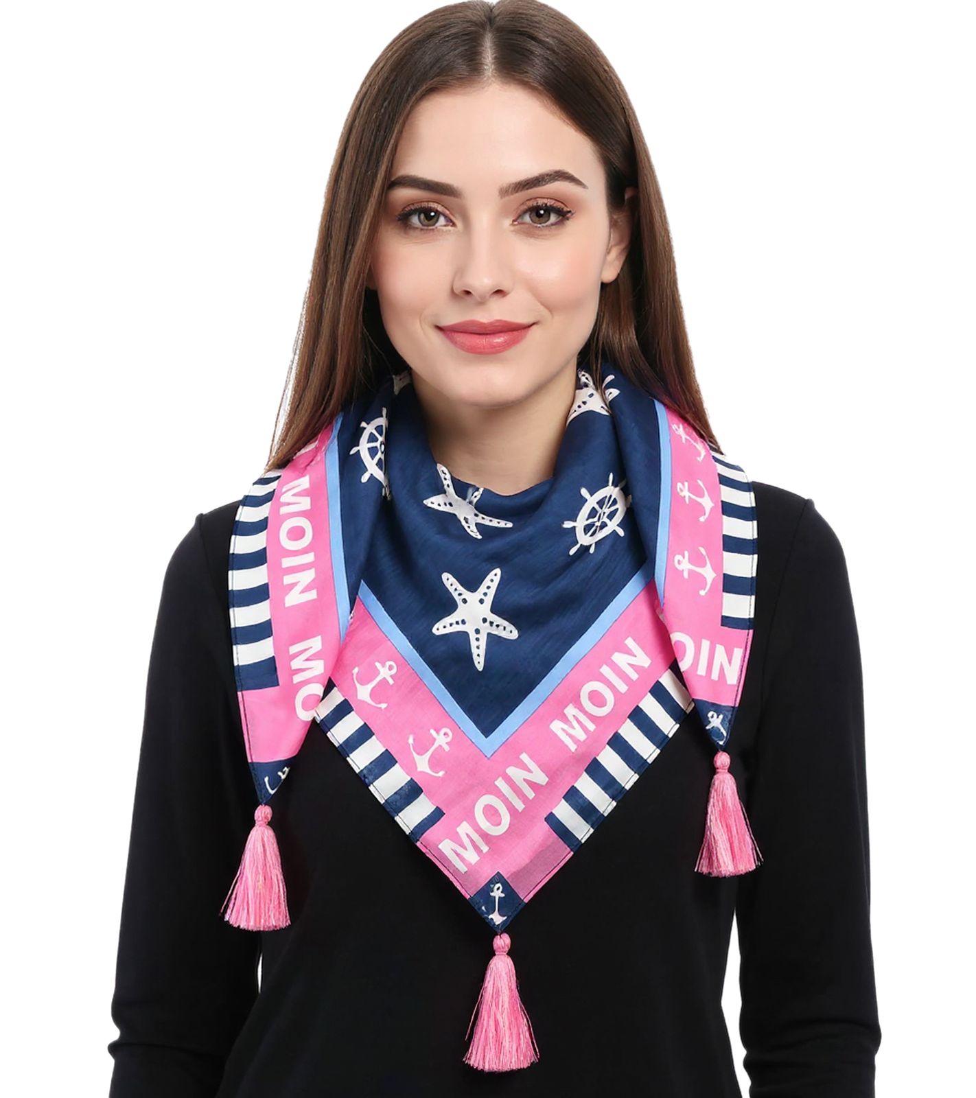 ZWILLINGSHERZ Anker Moin Vierecks-Tuch mit Ankern und Moin Schriftzug Mode-Tuch 3016Q-0209-11 Pink/Blau/Weiß