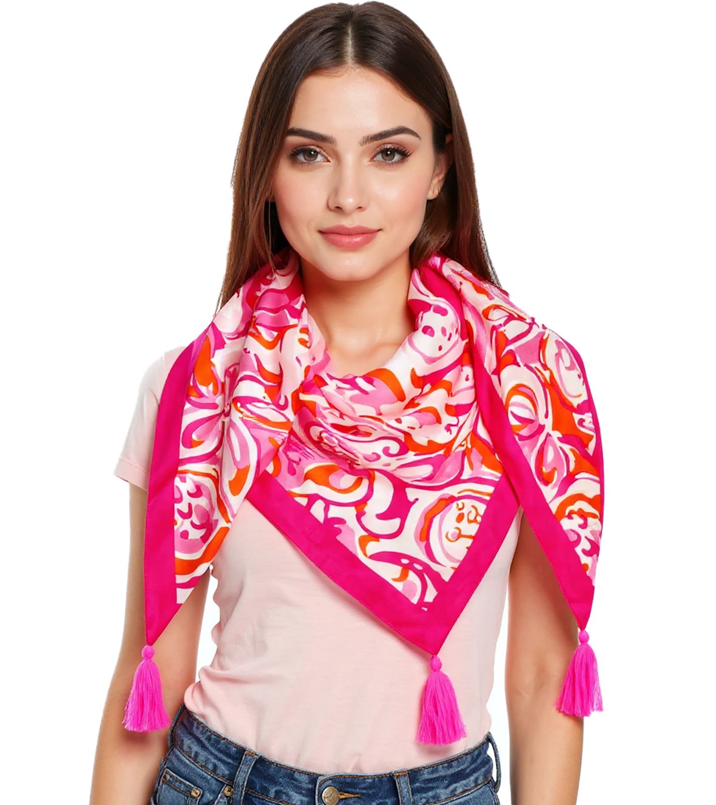 ZWILLINGSHERZ Aquarell Print Dreiecks-Tuch mit Blumen und Ornamenten Mode-Tuch 3014D-0204-13 Pink/Orange/Weiß