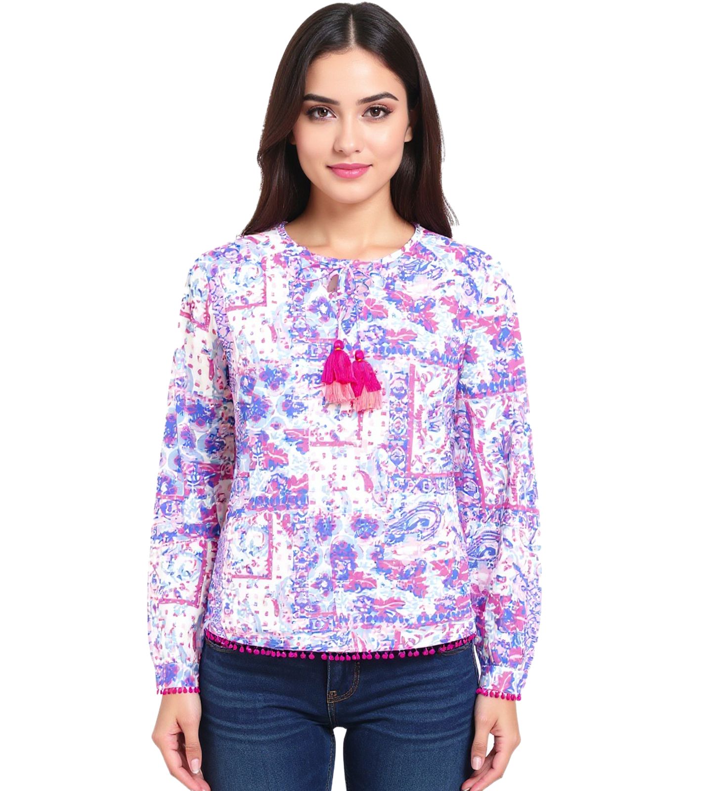 ZWILLINGSHERZ Baumwoll-Bluse Damen Sommer-Bluse mit Allover-Paisley-Muster 33214-84 Blau/Pink/Weiß