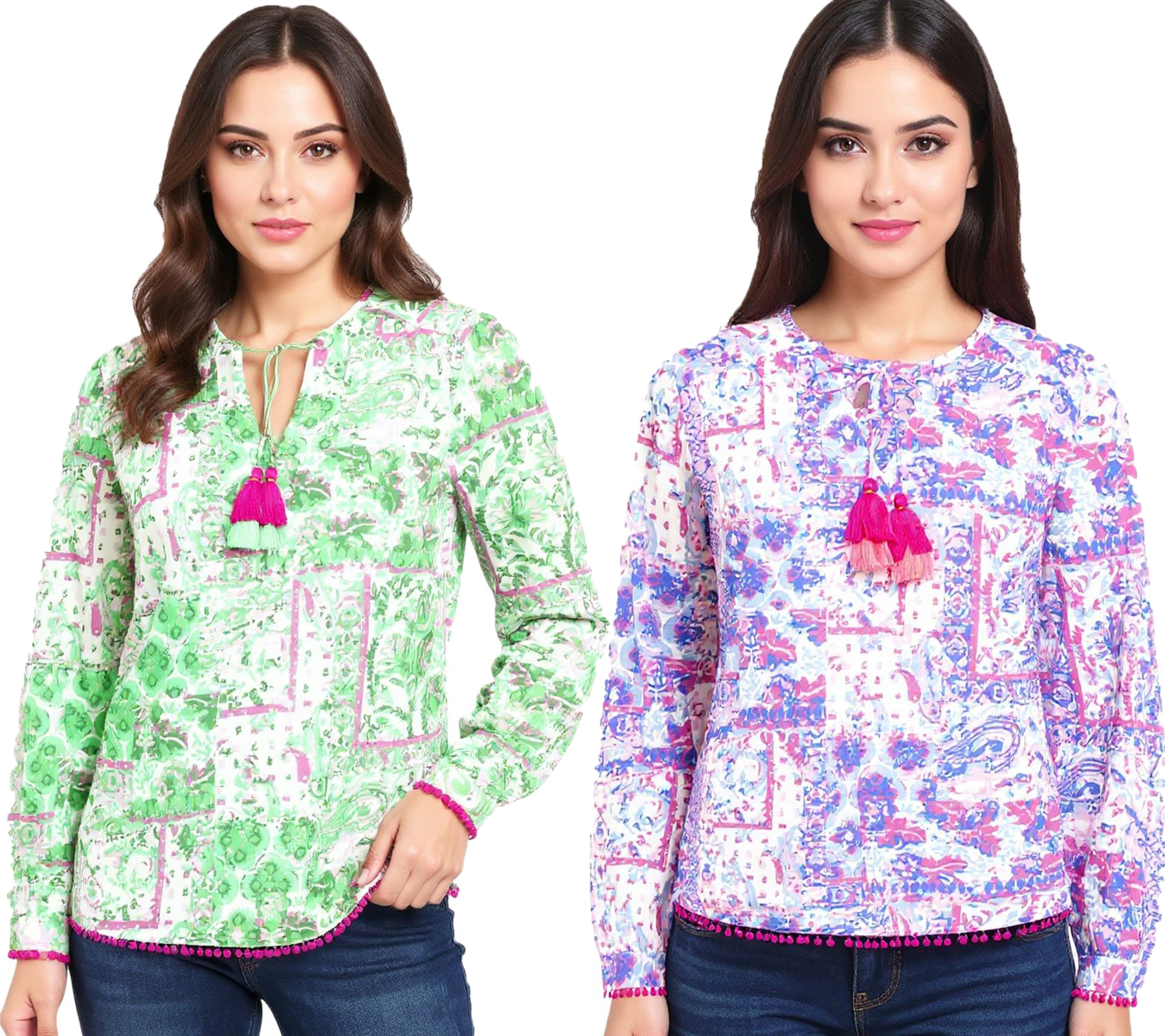 ZWILLINGSHERZ Baumwoll-Bluse Damen Sommer-Bluse mit Allover-Paisley-Muster 33214 Blau/Pink/Weiß oder Grün/Pink/Weiß