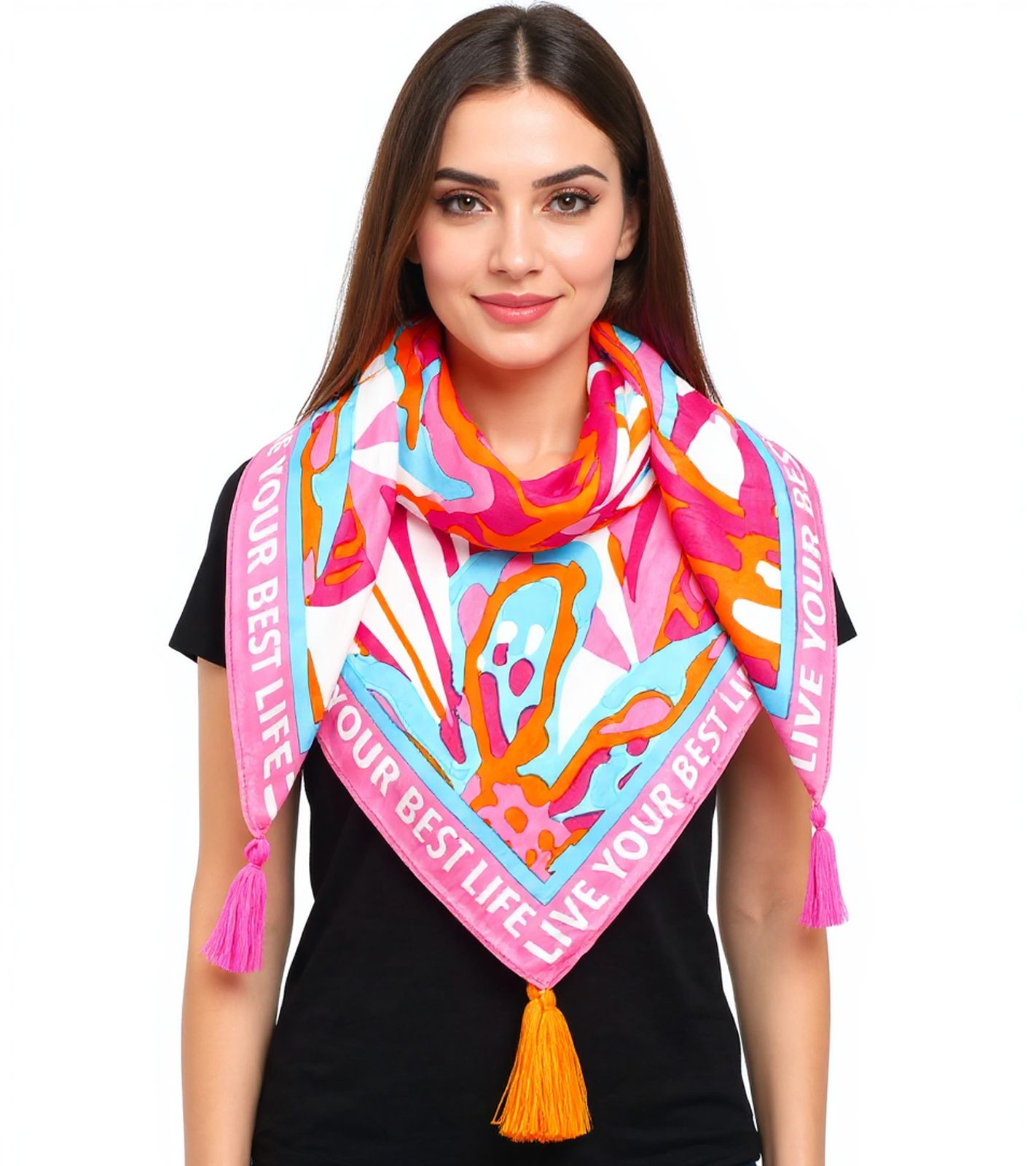 ZWILLINGSHERZ Best Life Vierecks-Tuch mit Statement Print und abstrakten Blüten Mode-Tuch 3016Q-2907-51 Pink/Orange/Bunt