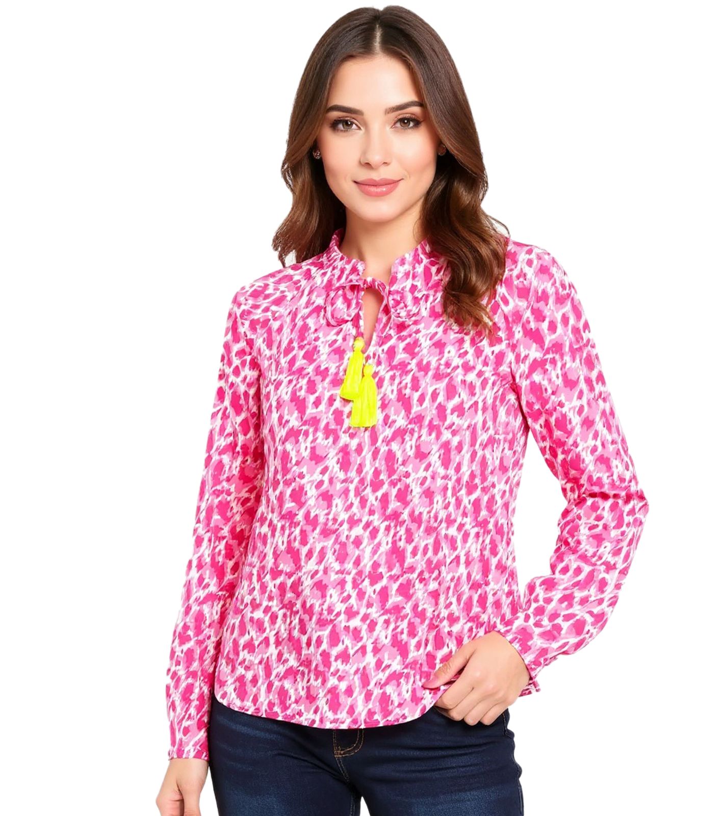 ZWILLINGSHERZ Colorful Leopard Damen Sommer-Bluse Tunika-Shirt mit Quasten 33224-51 Pink/Gelb/Weiß