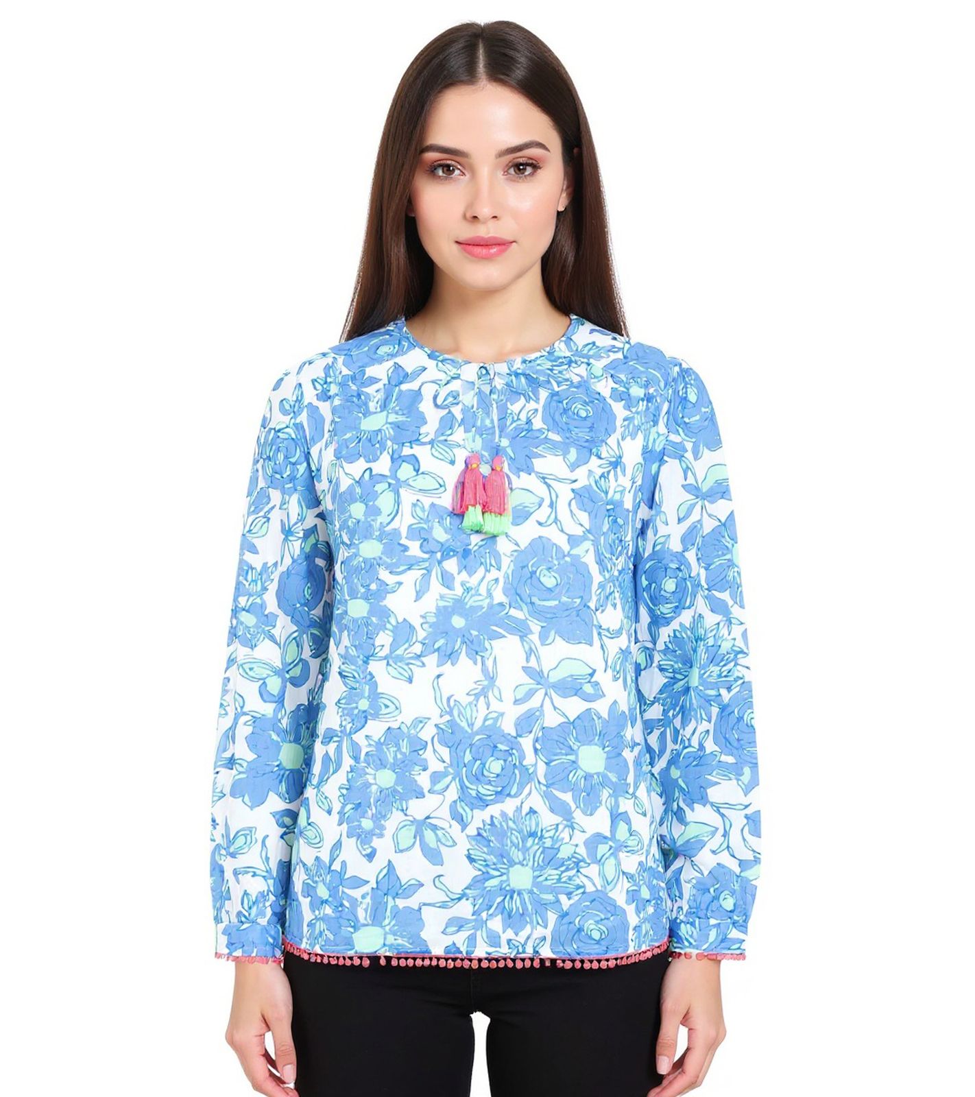 ZWILLINGSHERZ Damen Baumwoll-Bluse Sommer-Bluse "Schmetterling" mit Blumen-Muster 33213-87 Blau/Grün