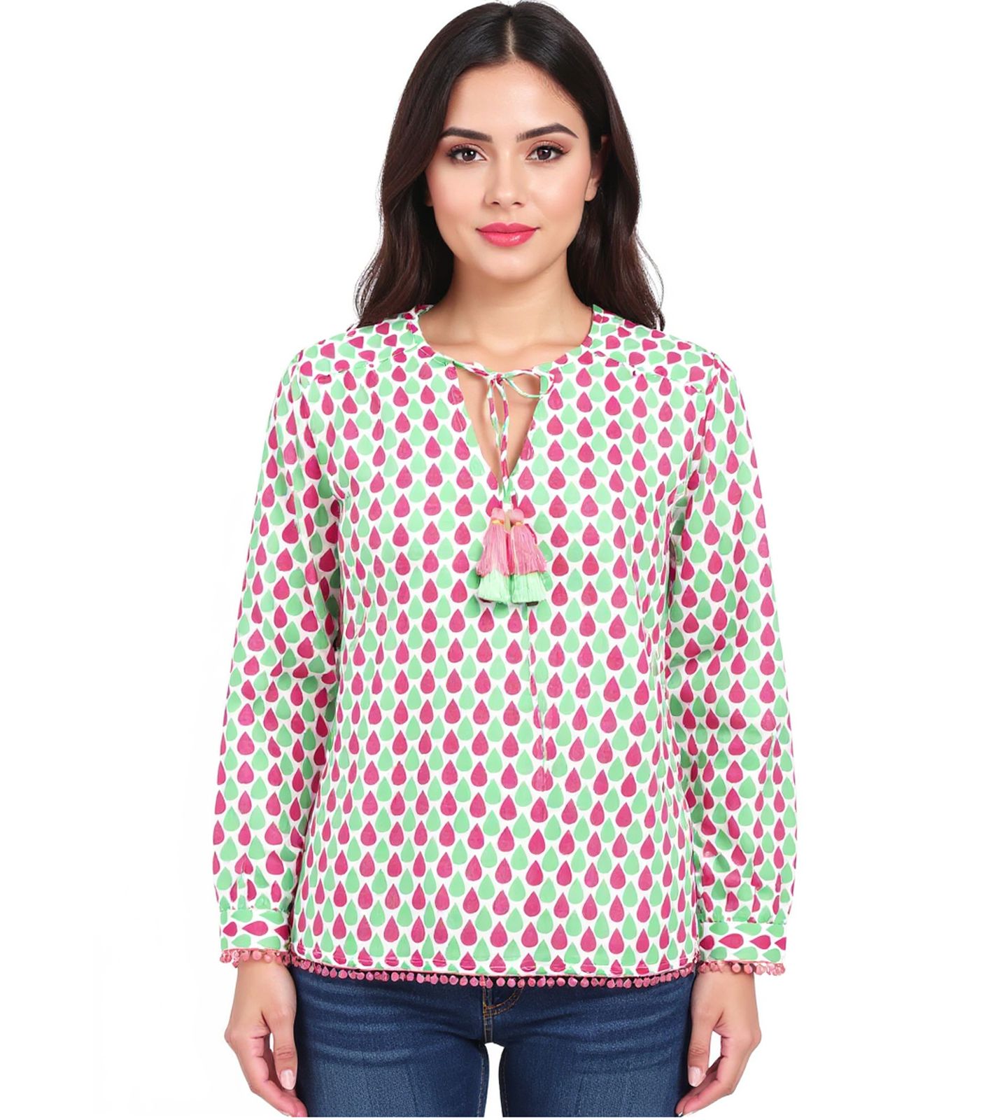 ZWILLINGSHERZ Damen Baumwoll-Bluse Sommer-Bluse "Tröpfchen" mit Tröpfchen-Muster 33217-64 Grün/Pink