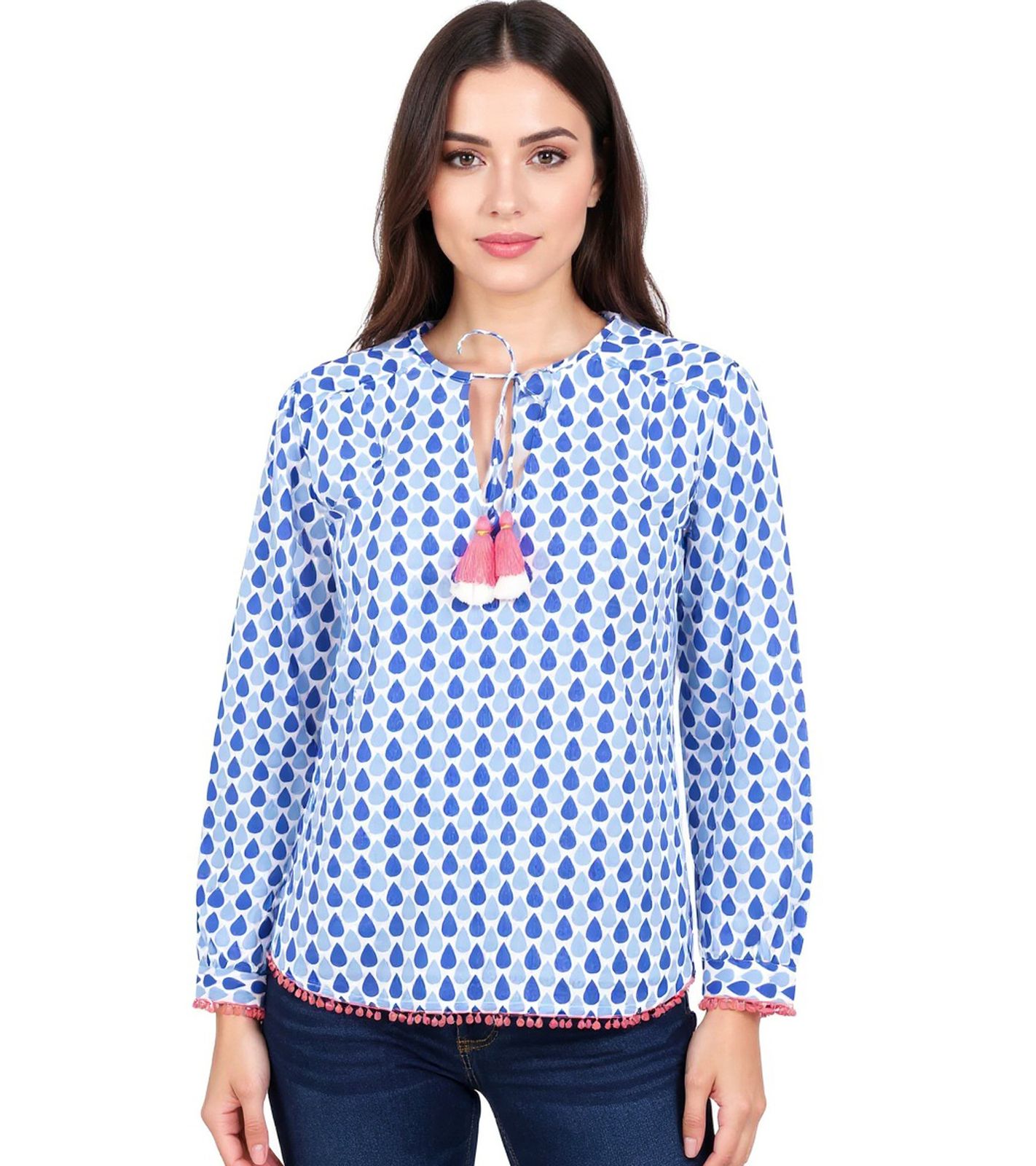 ZWILLINGSHERZ Damen Baumwoll-Bluse Sommer-Bluse "Tröpfchen" mit Tröpfchen-Muster 33217-89 Blau/Pink