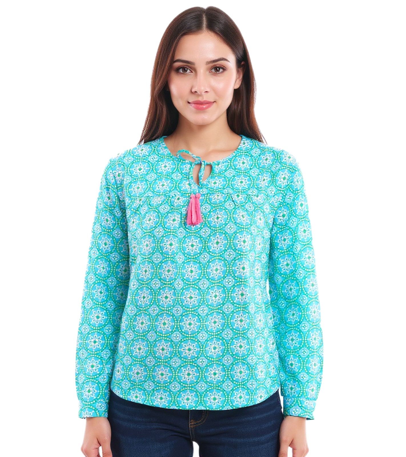 ZWILLINGSHERZ Damen Baumwoll-Bluse Sommer-Bluse mit Allover-Paisley-Muster 33125-3 Blau/Grün