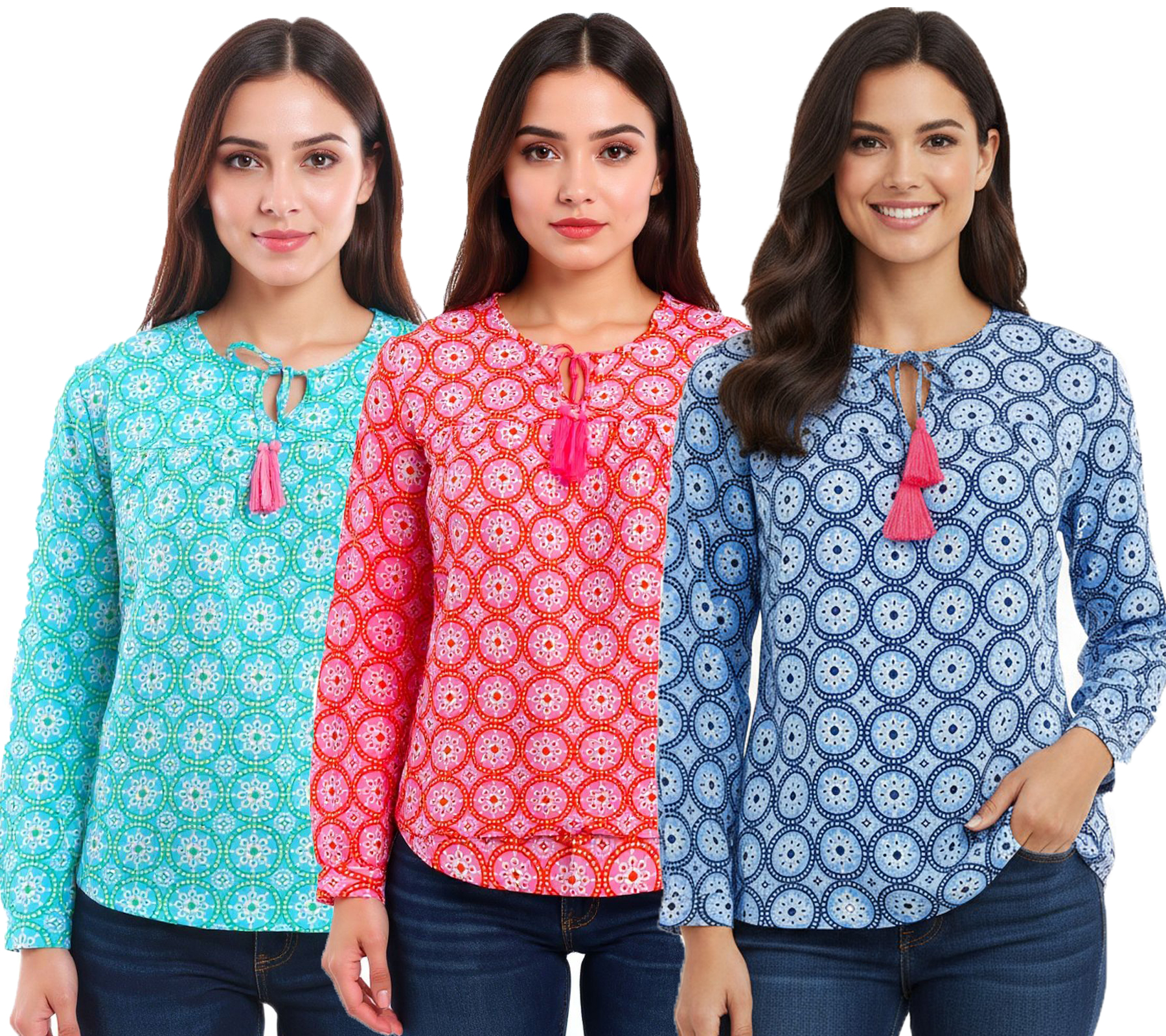 ZWILLINGSHERZ Damen Baumwoll-Bluse Sommer-Bluse mit Allover-Paisley-Muster 33125 Blau, Pink oder Türkis