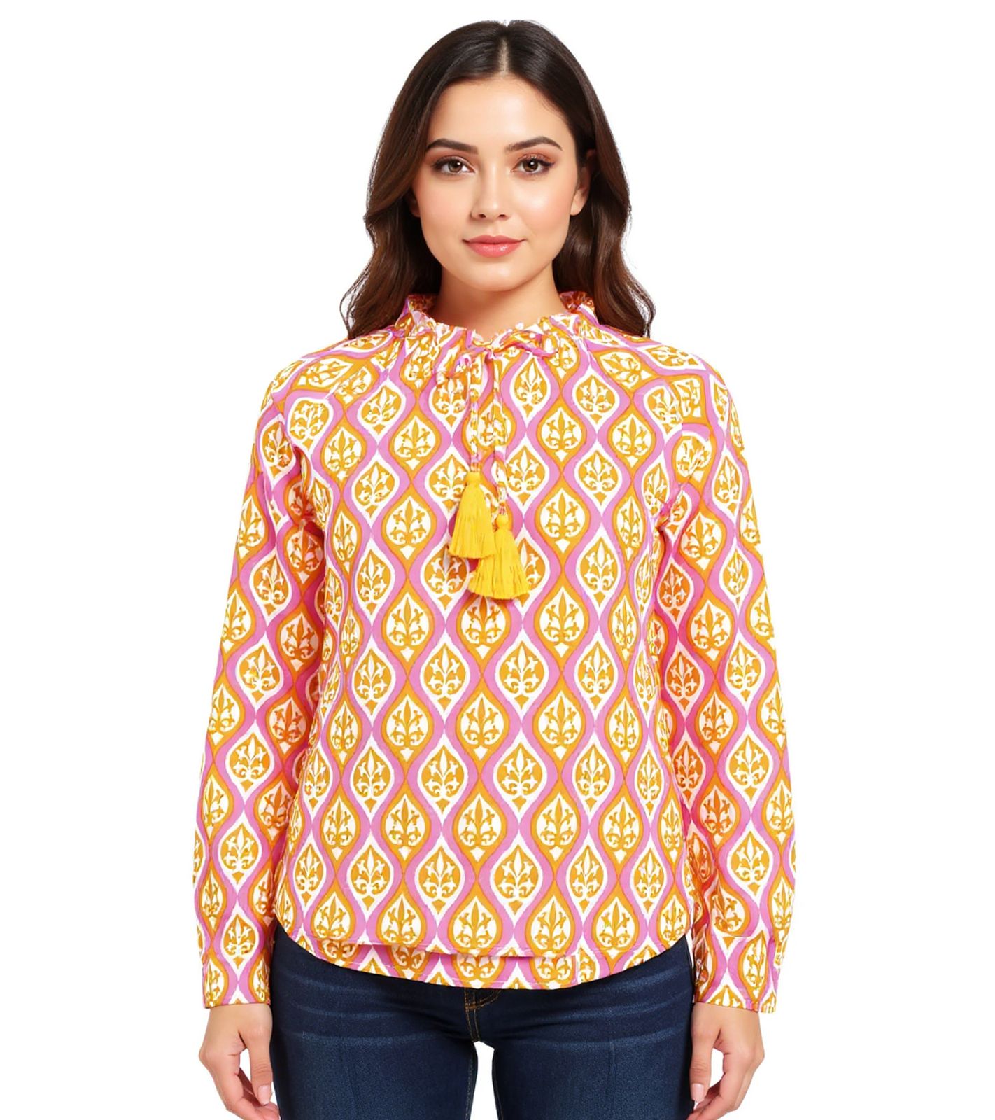 ZWILLINGSHERZ Damen Baumwoll-Bluse Sommer-Bluse mit ovalen Ranken-Muster 33246-95 Orange/Pink