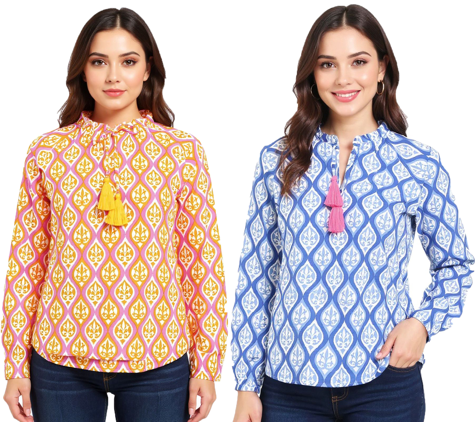 ZWILLINGSHERZ Damen Baumwoll-Bluse Sommer-Bluse mit ovalen Ranken-Muster 33246 Orange/Pink oder Blau/Weiß/Pink