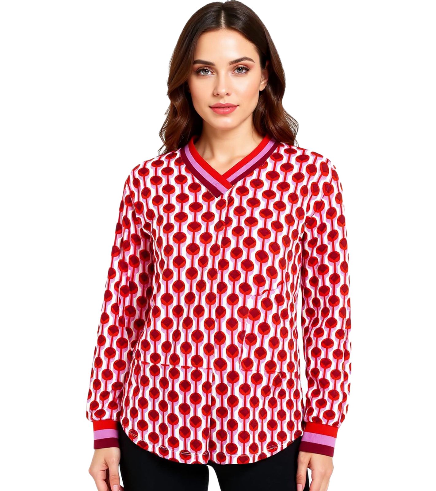ZWILLINGSHERZ Damen langärmliges Sommer-Shirt Longsleeve im Retro Style mit graphischem Print 31633-58 Pink/Bordeaux/Rot