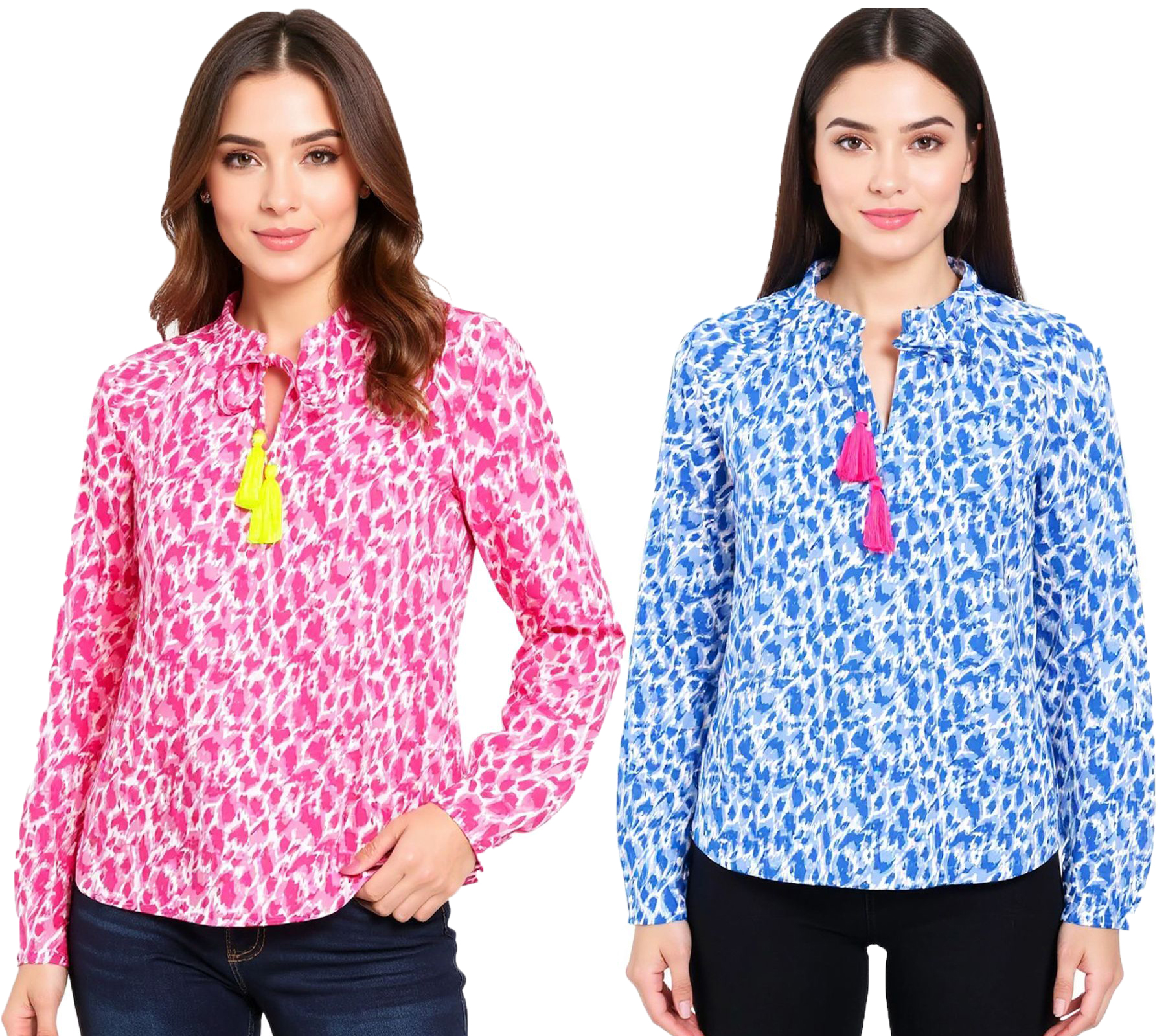 ZWILLINGSHERZ Damen Sommer-Bluse "Colorful Leopard" mit Leopard-Muster 33224 Blau/Pink oder Pink/Gelb/Weiß