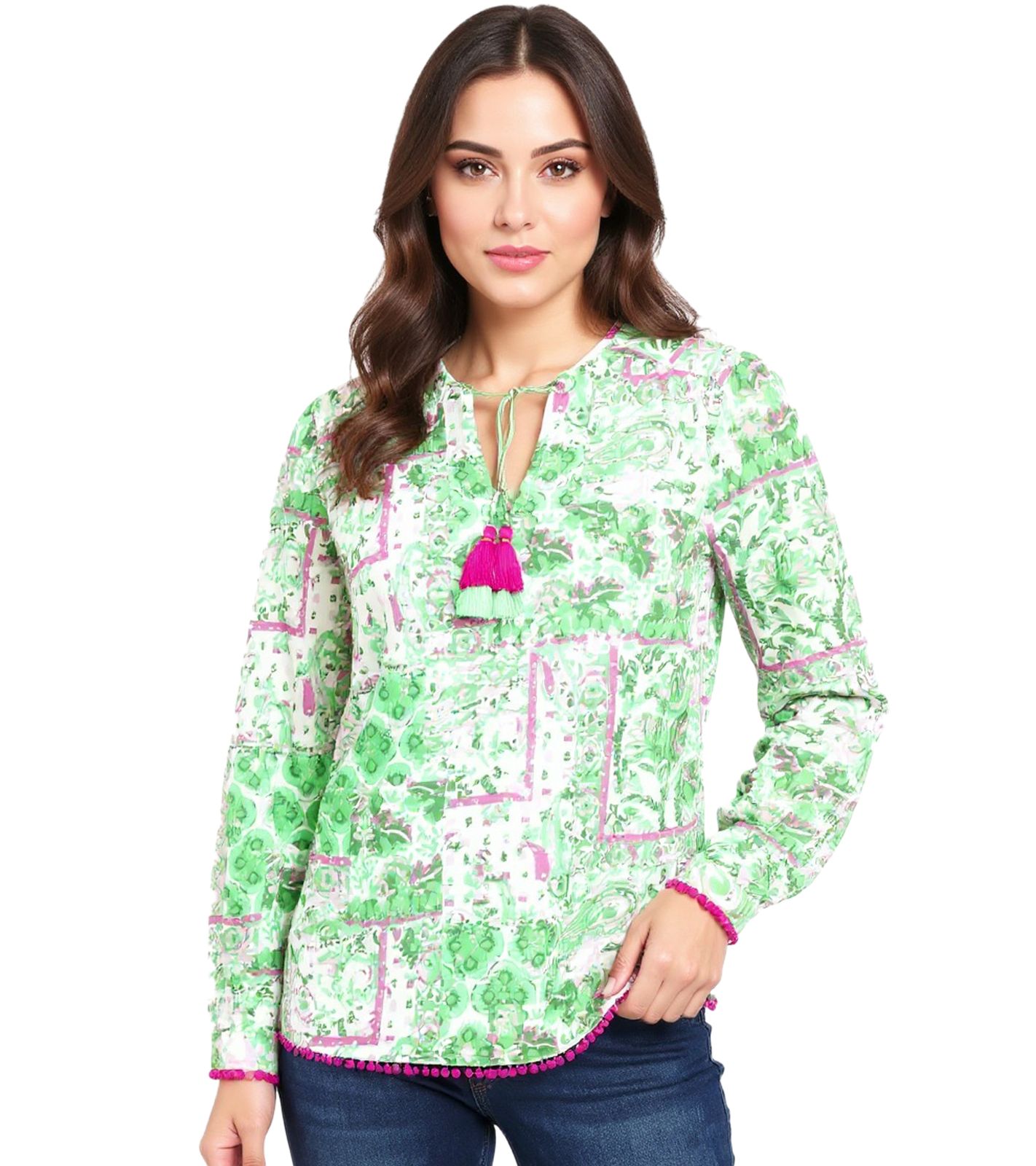ZWILLINGSHERZ Damen Sommer-Bluse Baumwoll Langarmshirt im Mustermix 33214-70 Grün/Pink/Weiß