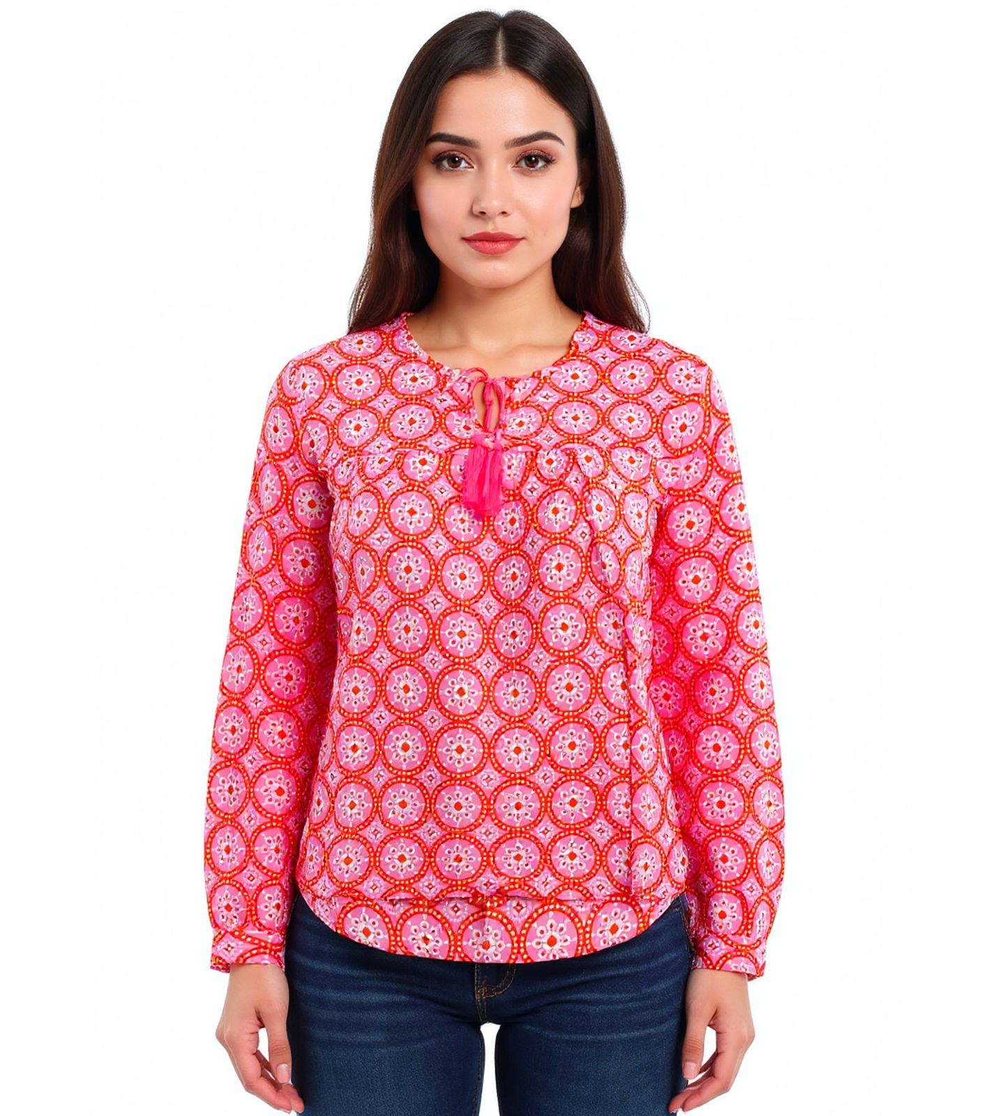 ZWILLINGSHERZ Damen Sommer-Bluse mit aufälligen-Muster 33125-4 Orange/Pink