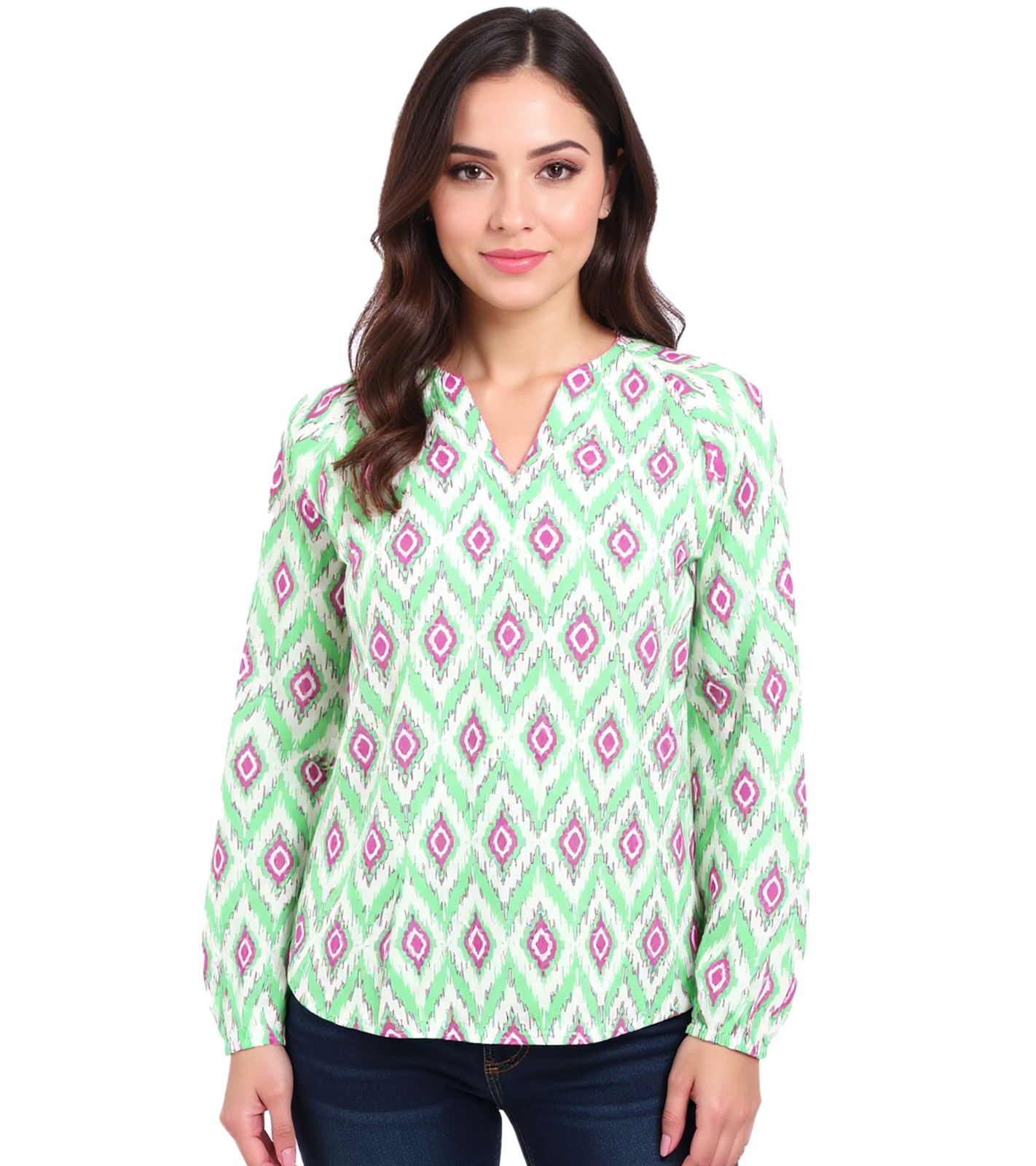 ZWILLINGSHERZ Damen Sommer-Bluse mit auffälligen-Muster Baumwoll Langarmshirt 33227-69 Weiß/Grün/Pink