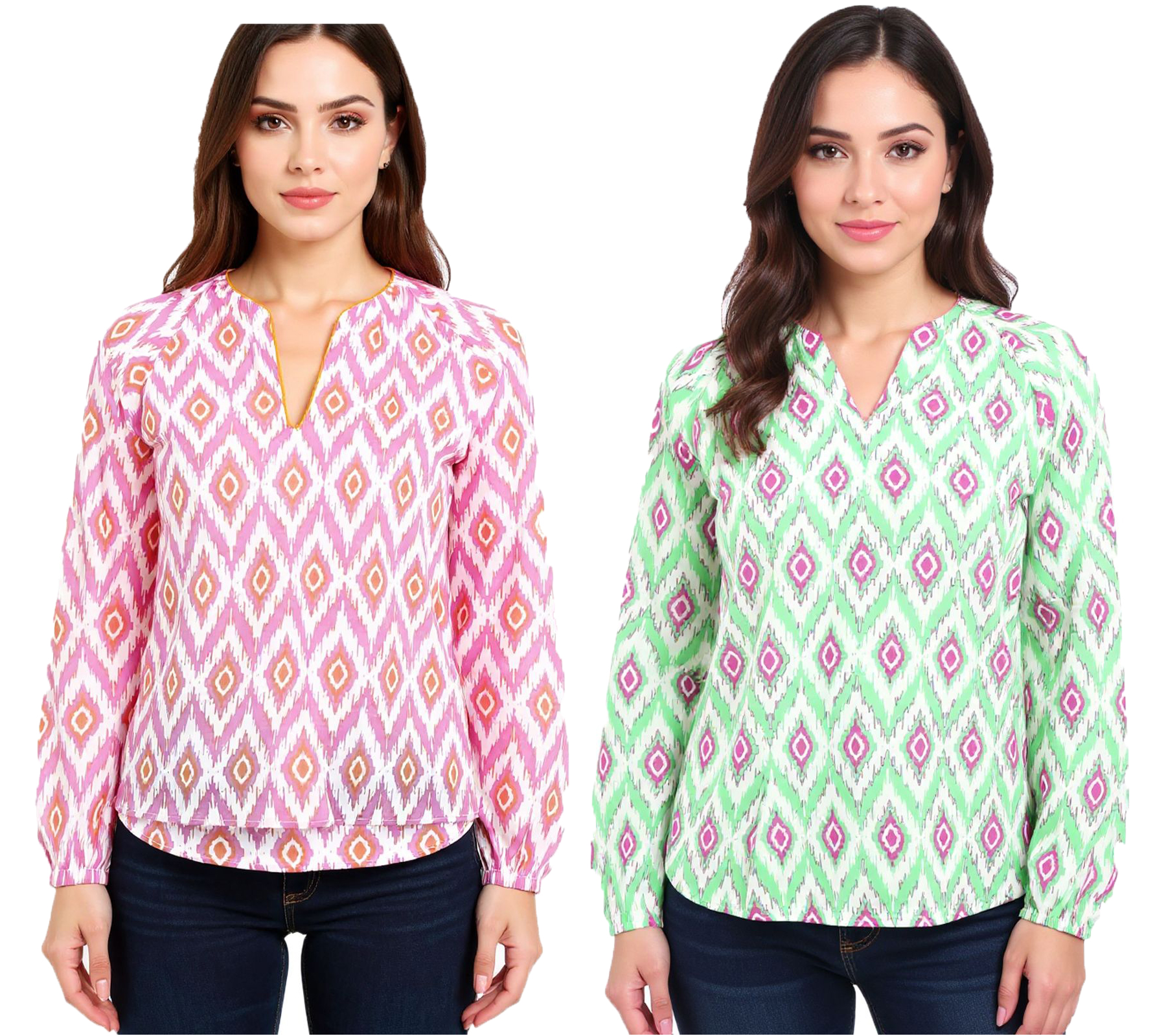 ZWILLINGSHERZ Damen Sommer-Bluse mit auffälligen-Muster Baumwoll Langarmshirt 33227 Weiß/Orange/Pink oder Weiß/Grün/Pink