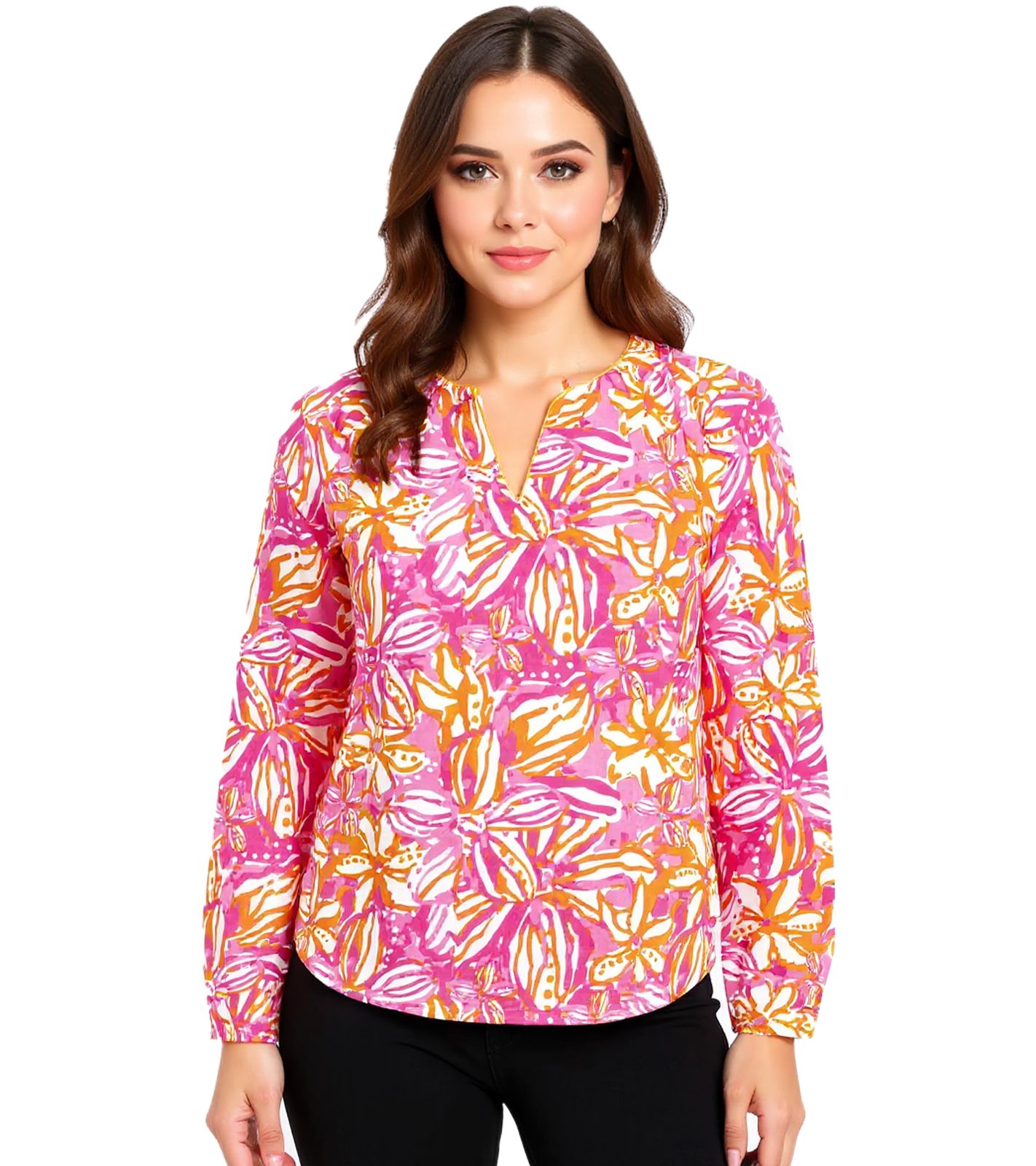 ZWILLINGSHERZ Damen Sommer-Bluse mit auffälligen-Muster Baumwoll Langarmshirt 33233-90 Weiß/Orange/Pink